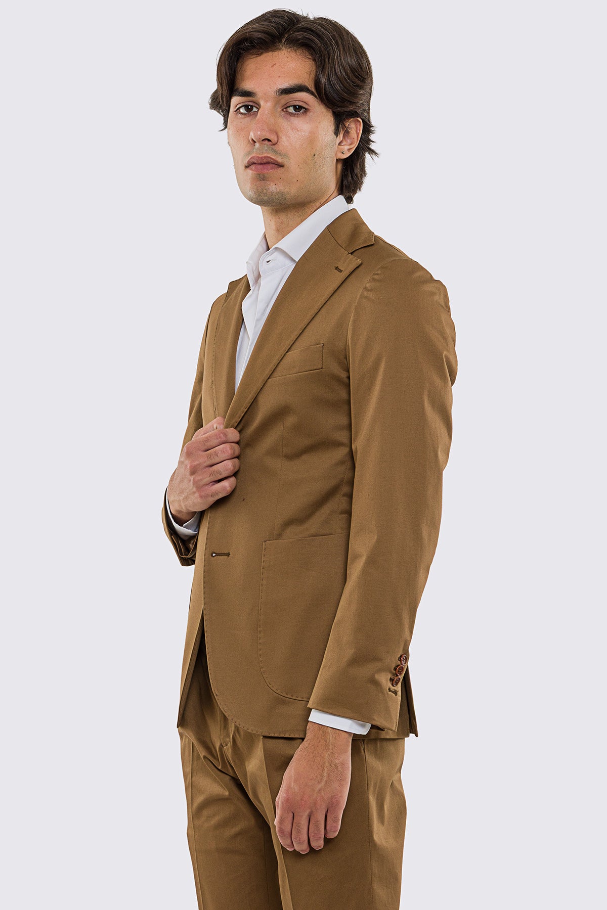 Giacca uomo Monopetto coccio in cotone leggermente elastico sfoderata Rever classico 11 cm tasche a toppe