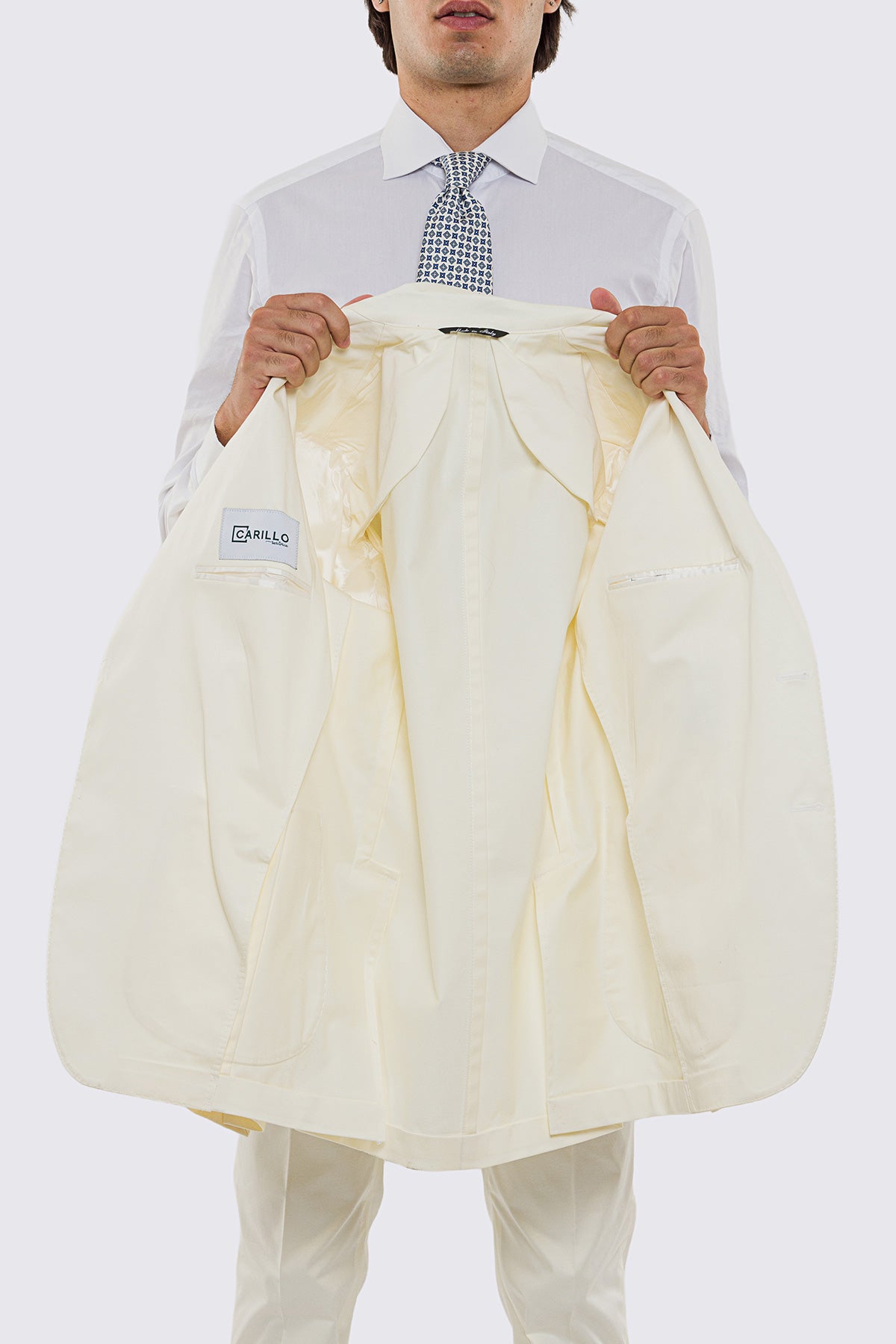 Abito uomo Monopetto Panna in cotone leggermente elastico sfoderata Rever classico 11 cm tasche a toppe