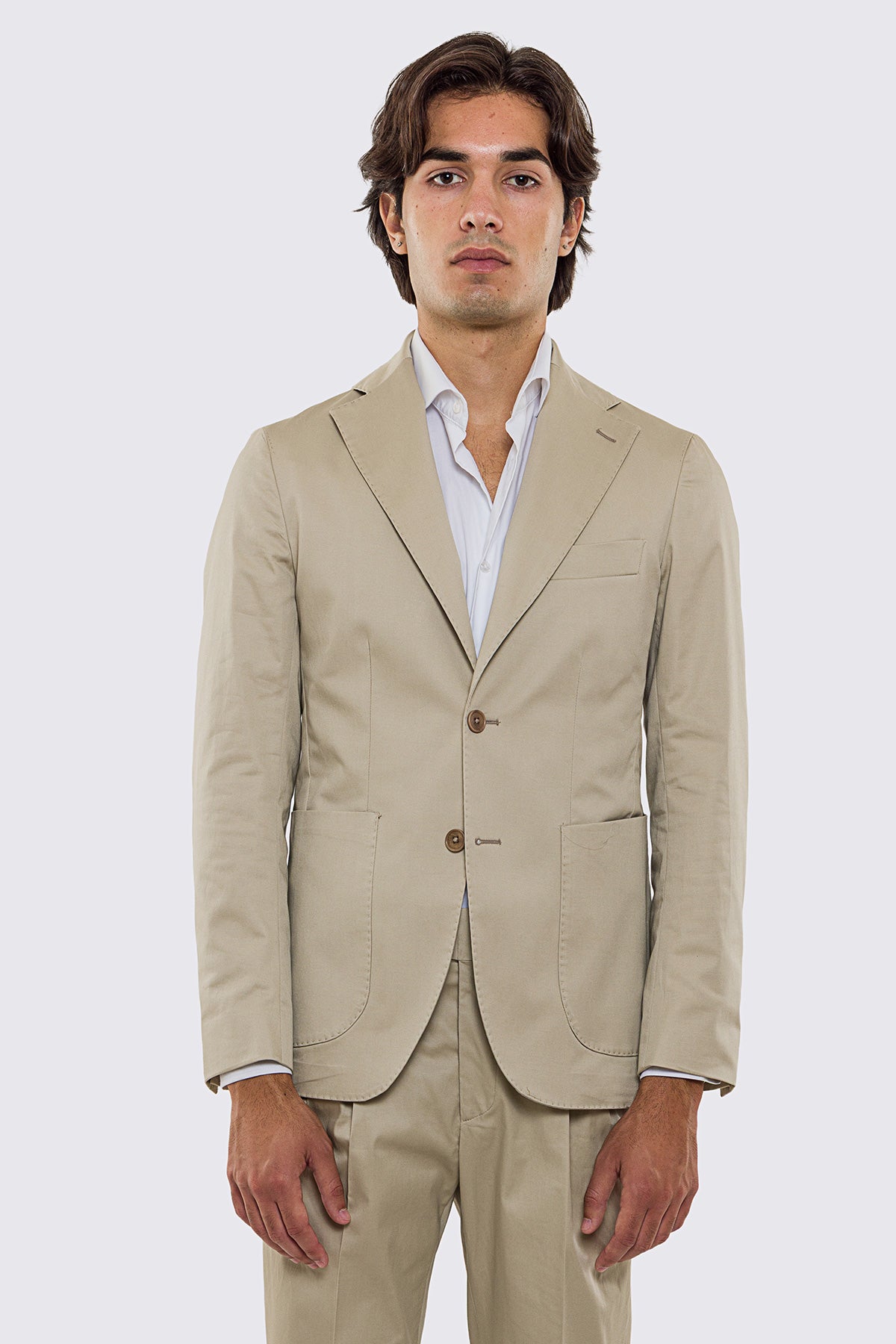 Abito uomo Monopetto beige in cotone leggermente elastico sfoderata Rever classico 11 cm tasche a toppe
