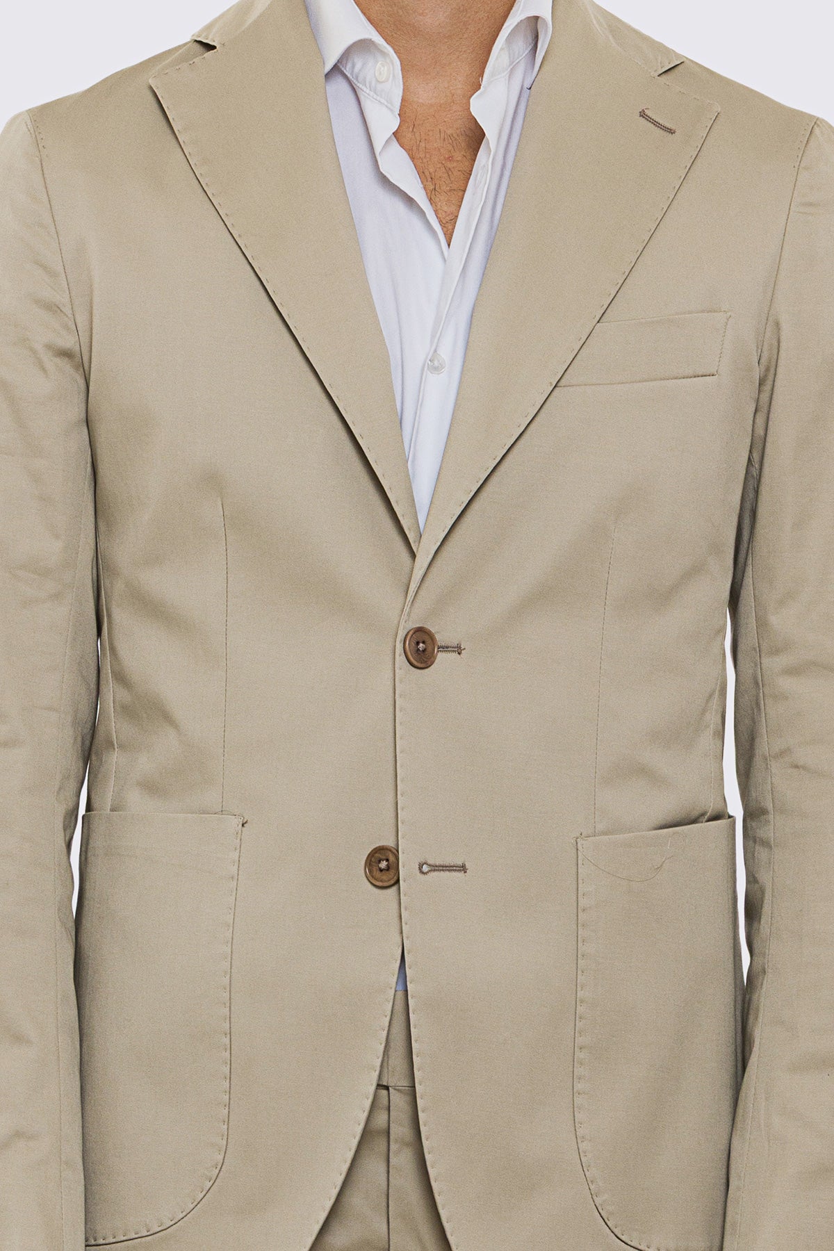 Giacca uomo Monopetto beige in cotone leggermente elastico sfoderata Rever classico 11 cm tasche a toppe
