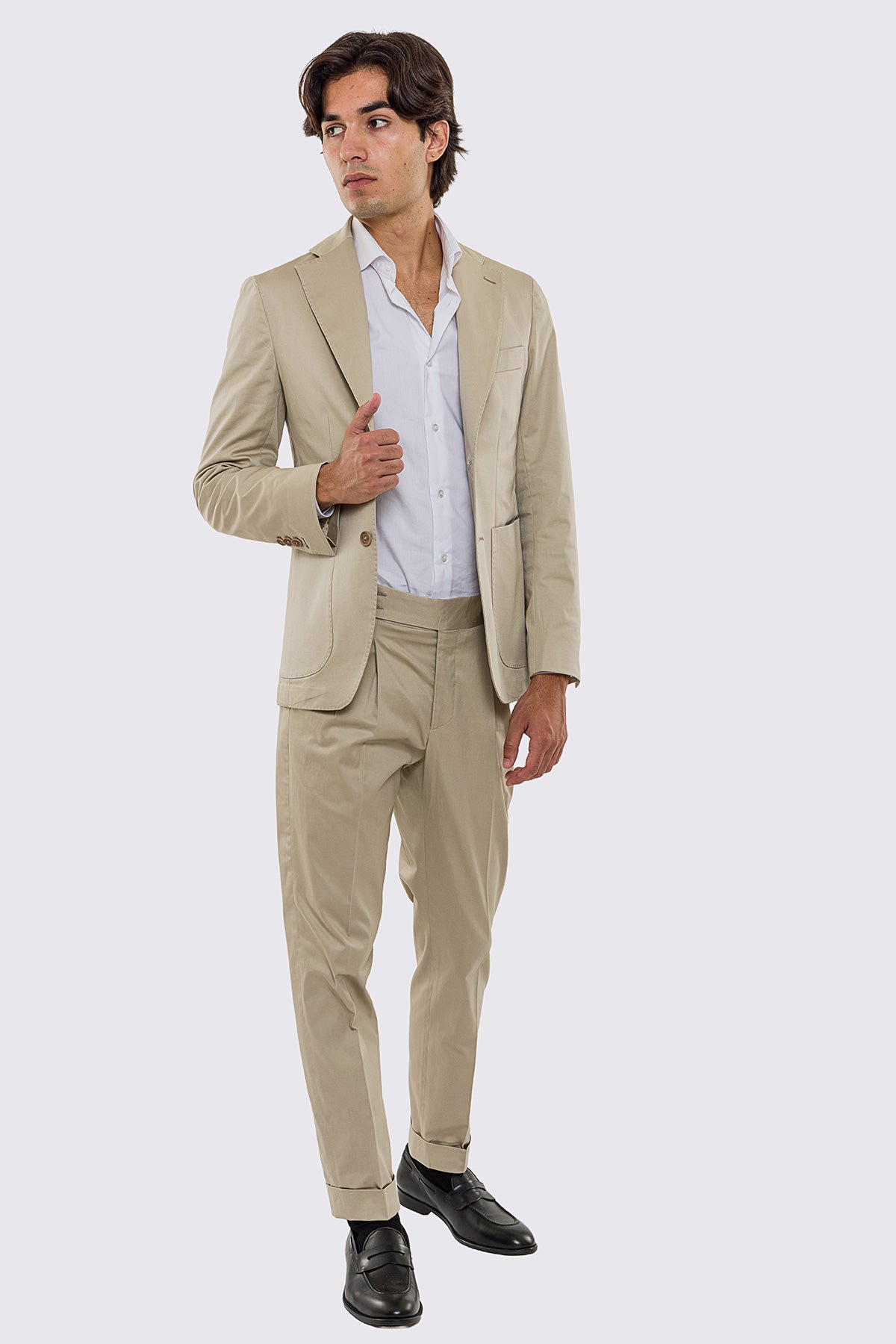 Giacca uomo Monopetto beige in cotone leggermente elastico sfoderata Rever classico 11 cm tasche a toppe
