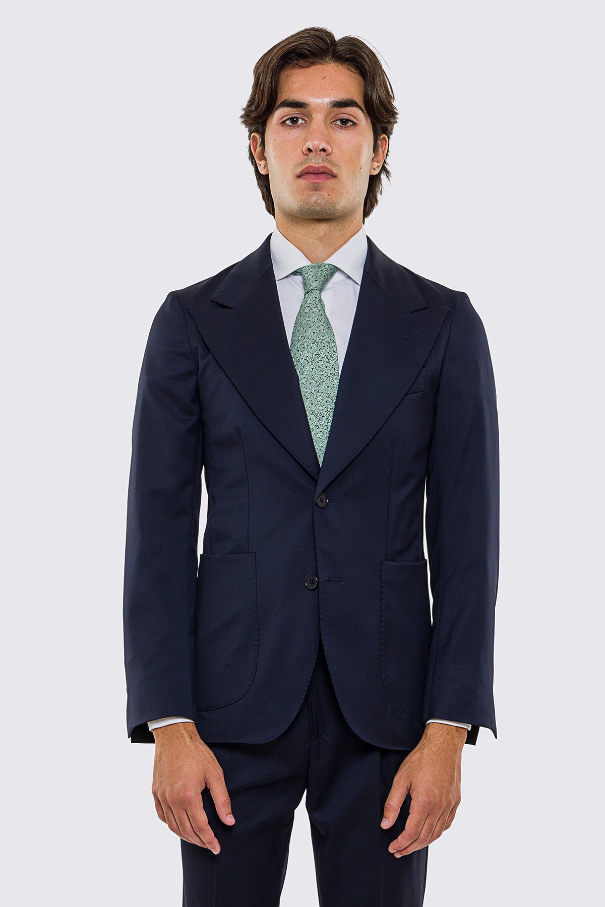 Abito uomo Monopetto blu notte fresco lana super 130's Vitale Barberis Canonico sfoderata Rever a lancia tasche a toppe