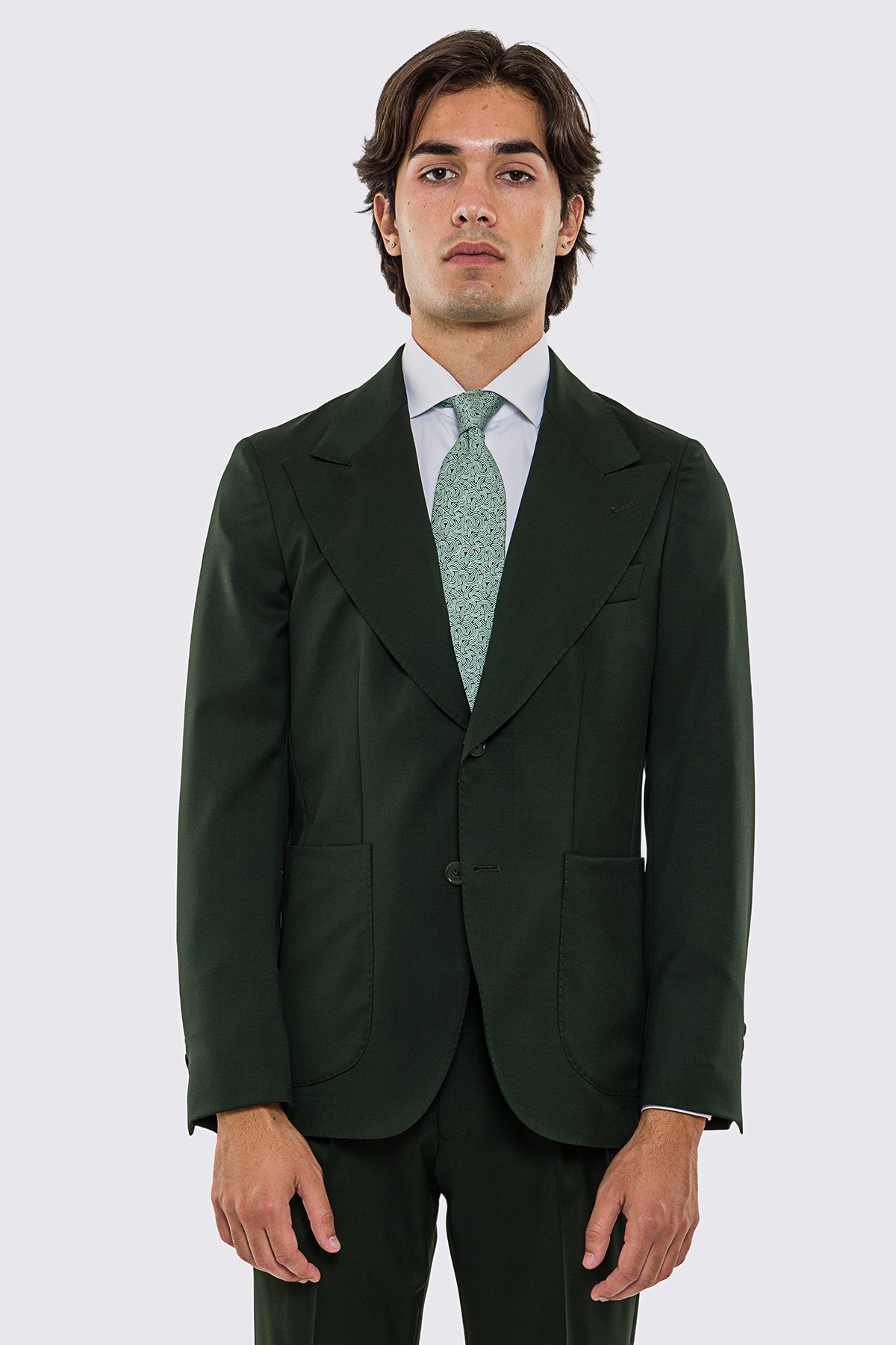 Giacca uomo Monopetto verde scuro fresco lana super 130's Vitale Barberis Canonico sfoderata Rever a lancia tasche a toppe