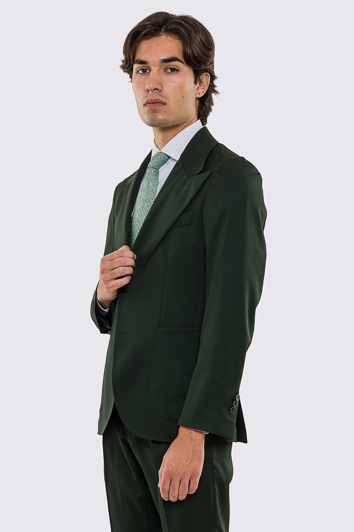 Abito uomo Monopetto verde scuro fresco lana super 130's Vitale Barberis Canonico sfoderata Rever a lancia tasche a toppe