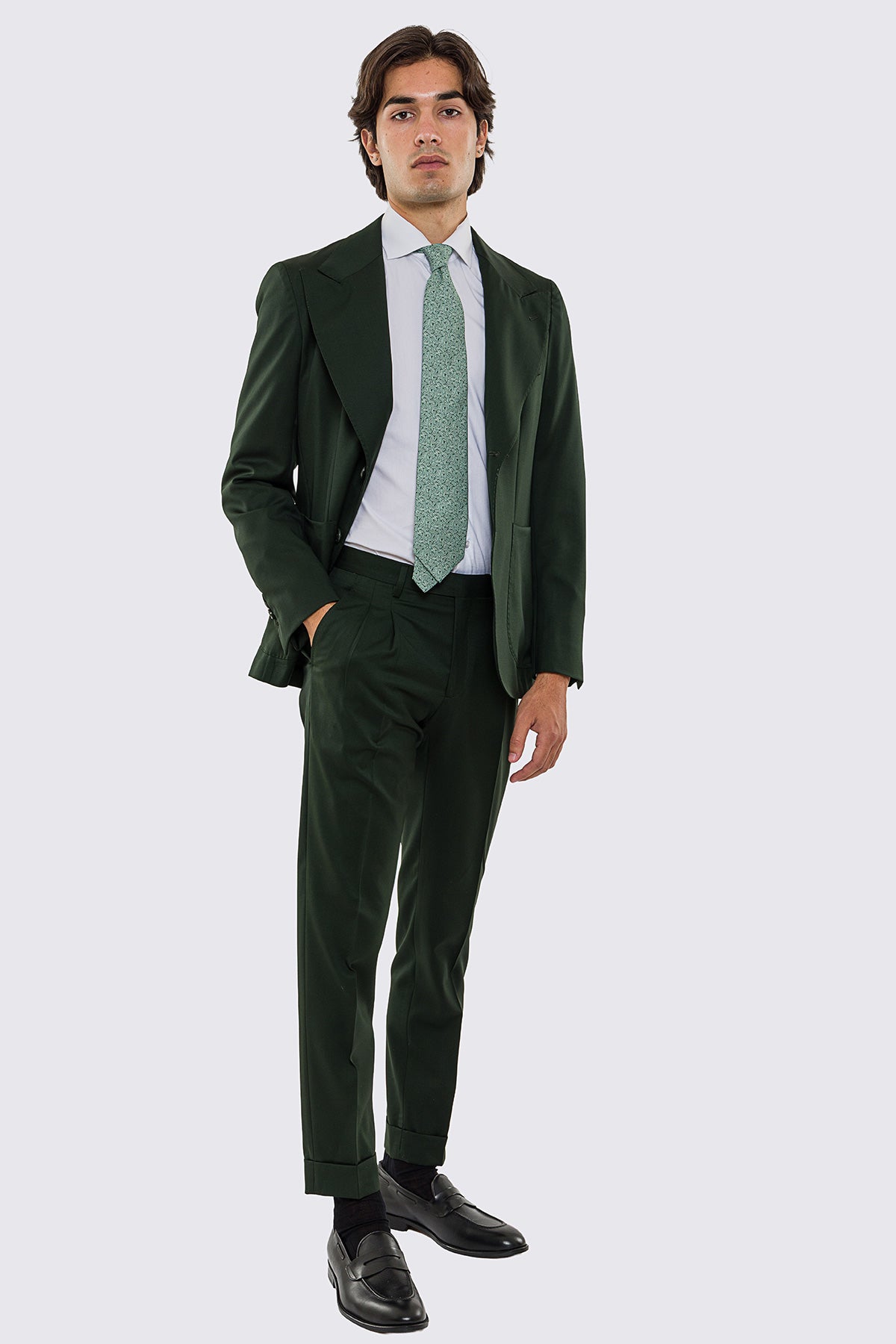 Giacca uomo Monopetto verde scuro fresco lana super 130's Vitale Barberis Canonico sfoderata Rever a lancia tasche a toppe