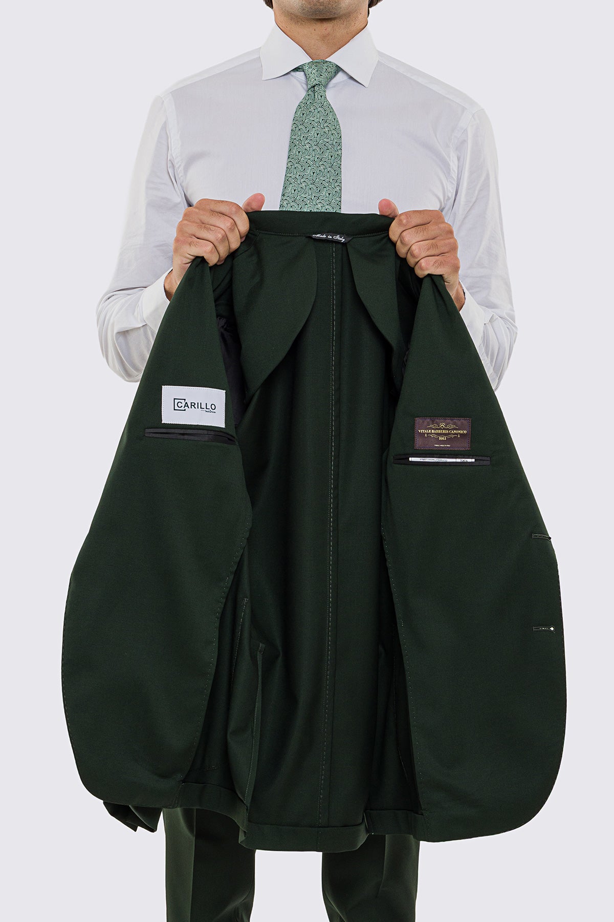 Giacca uomo Monopetto verde scuro fresco lana super 130's Vitale Barberis Canonico sfoderata Rever a lancia tasche a toppe