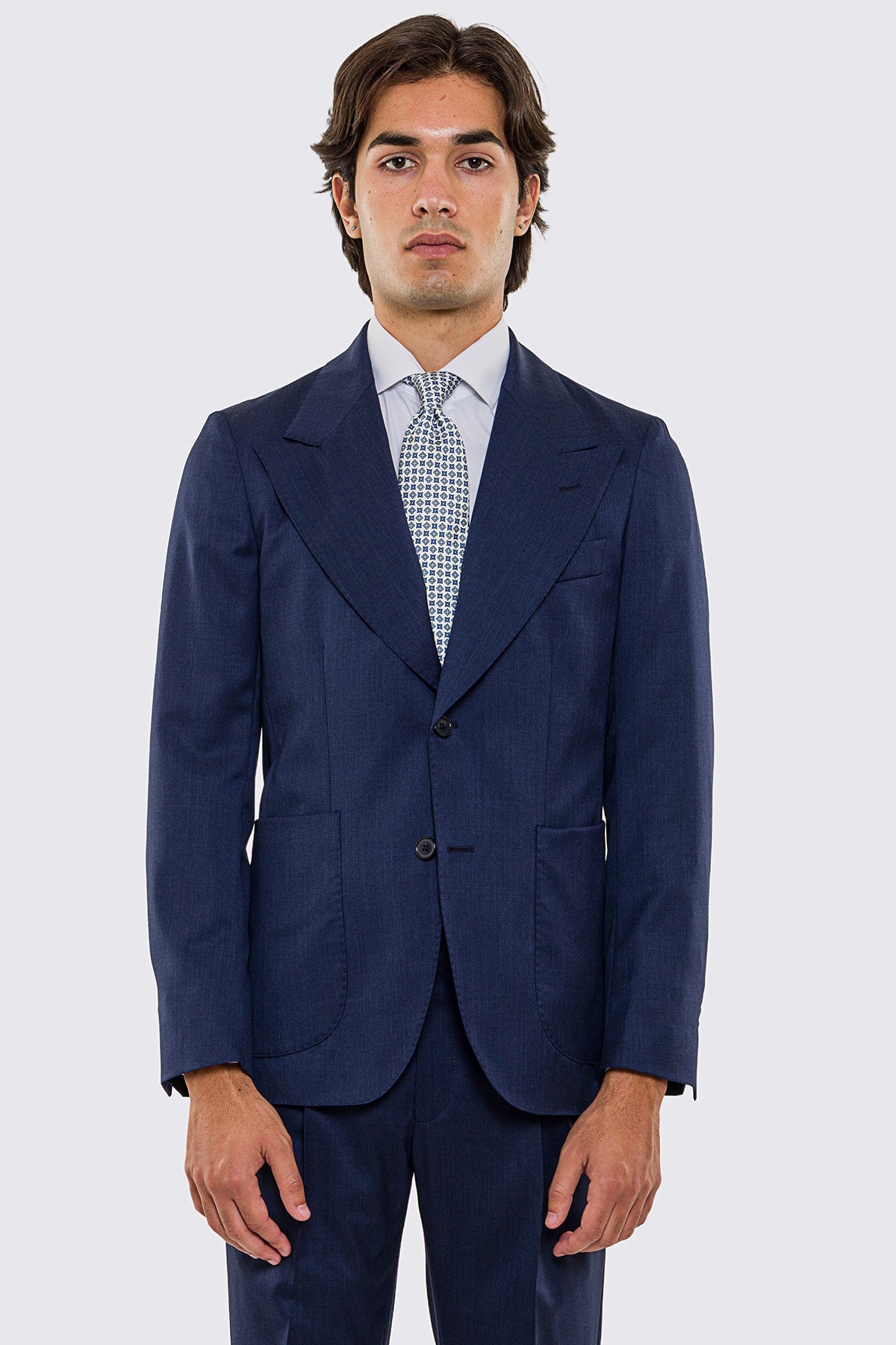 Abito uomo Monopetto blu denim fresco lana super 130's Vitale Barberis Canonico sfoderata Rever a lancia tasche a toppe