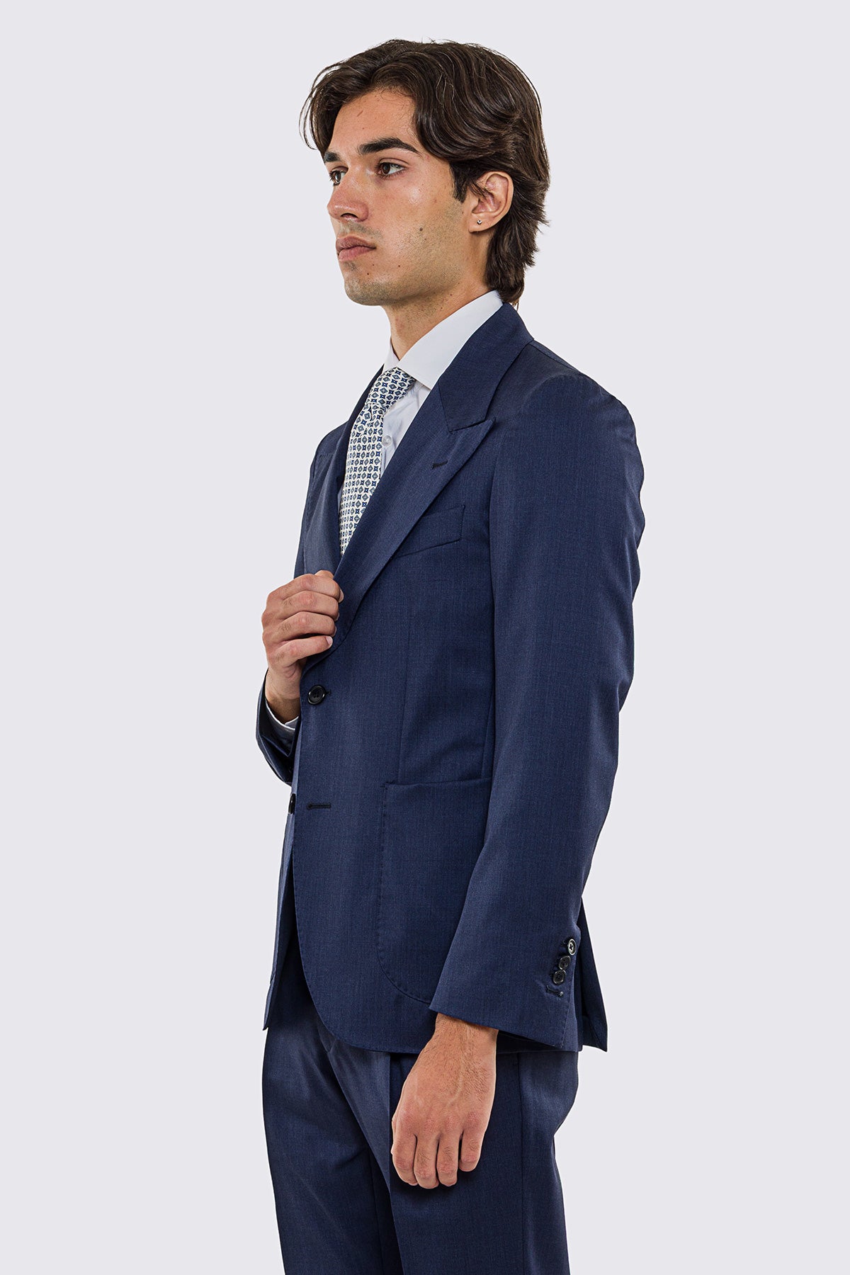 Abito uomo Monopetto blu denim fresco lana super 130's Vitale Barberis Canonico sfoderata Rever a lancia tasche a toppe