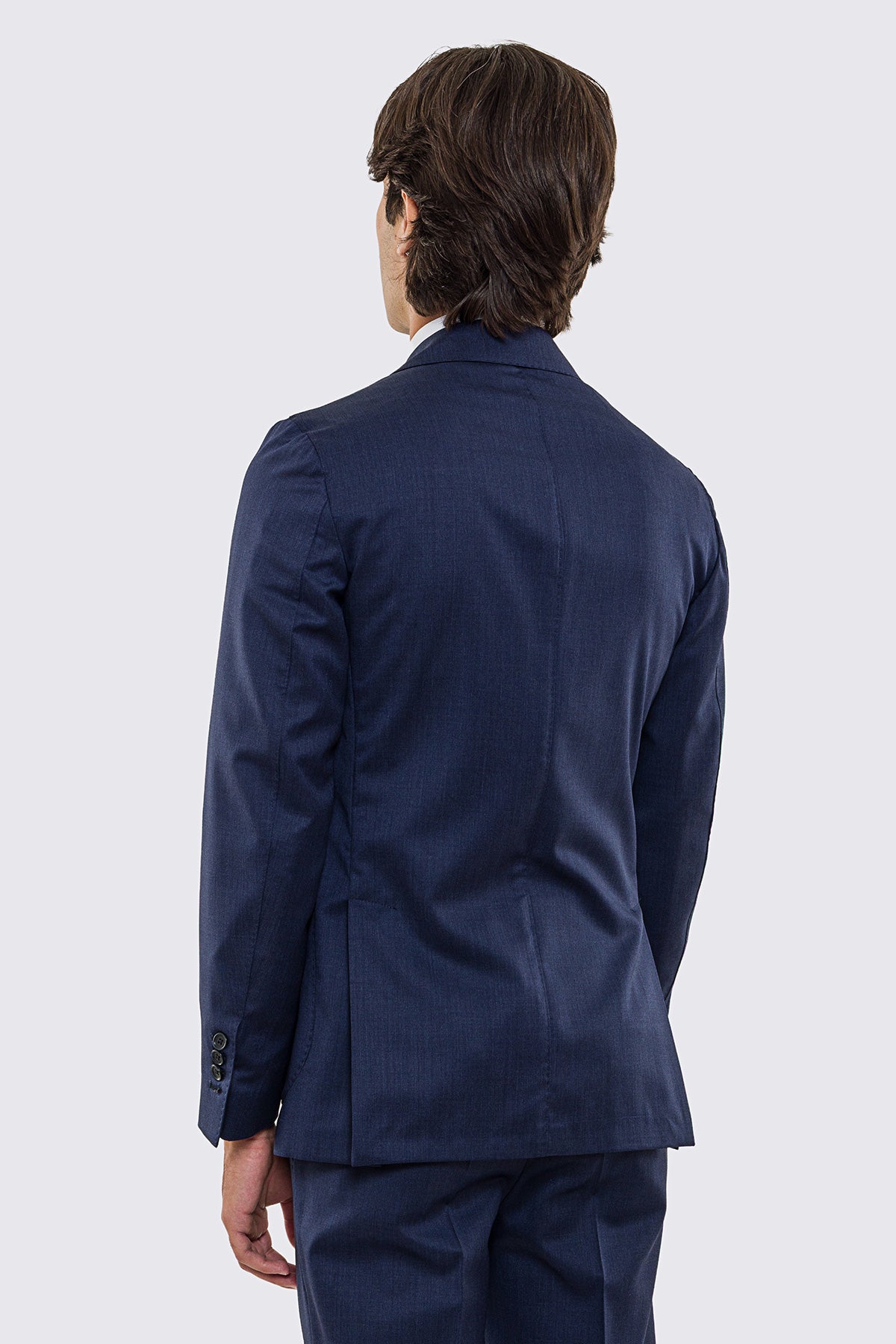 Abito uomo Monopetto blu denim fresco lana super 130's Vitale Barberis Canonico sfoderata Rever a lancia tasche a toppe