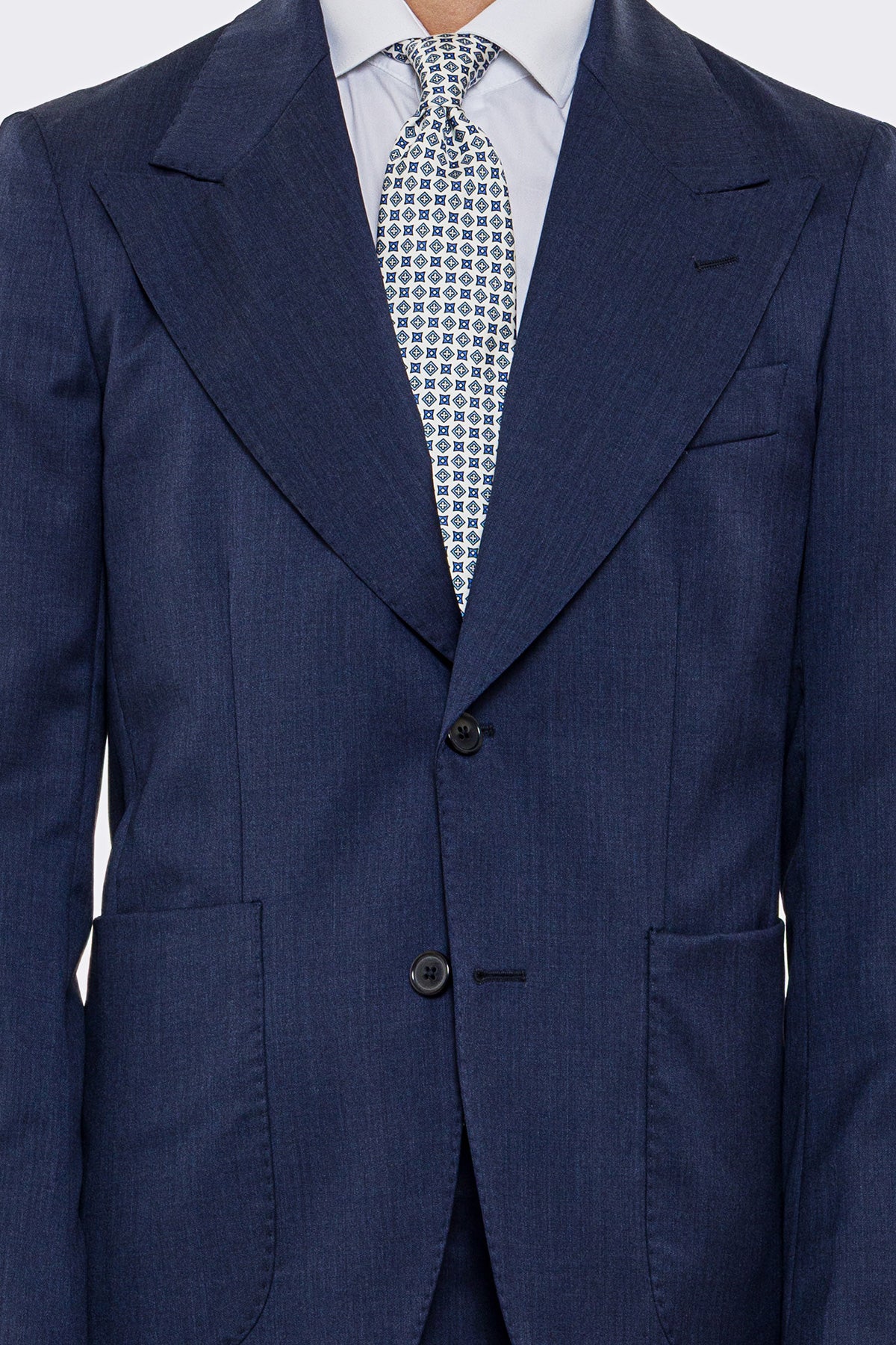 Giacca uomo Monopetto blu denim fresco lana super 130's Vitale Barberis Canonico sfoderata Rever a lancia tasche a toppe