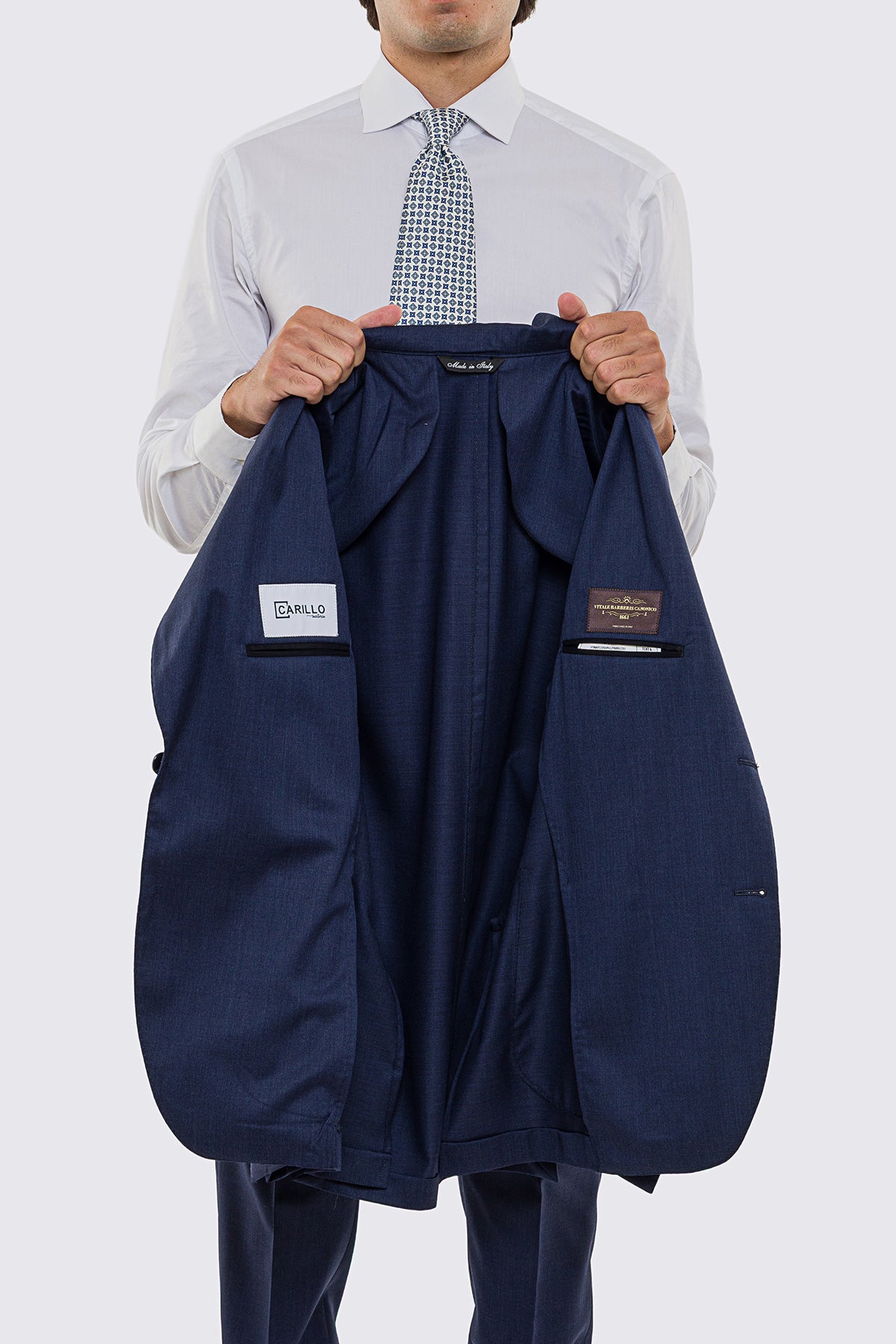 Abito uomo Monopetto blu denim fresco lana super 130's Vitale Barberis Canonico sfoderata Rever a lancia tasche a toppe