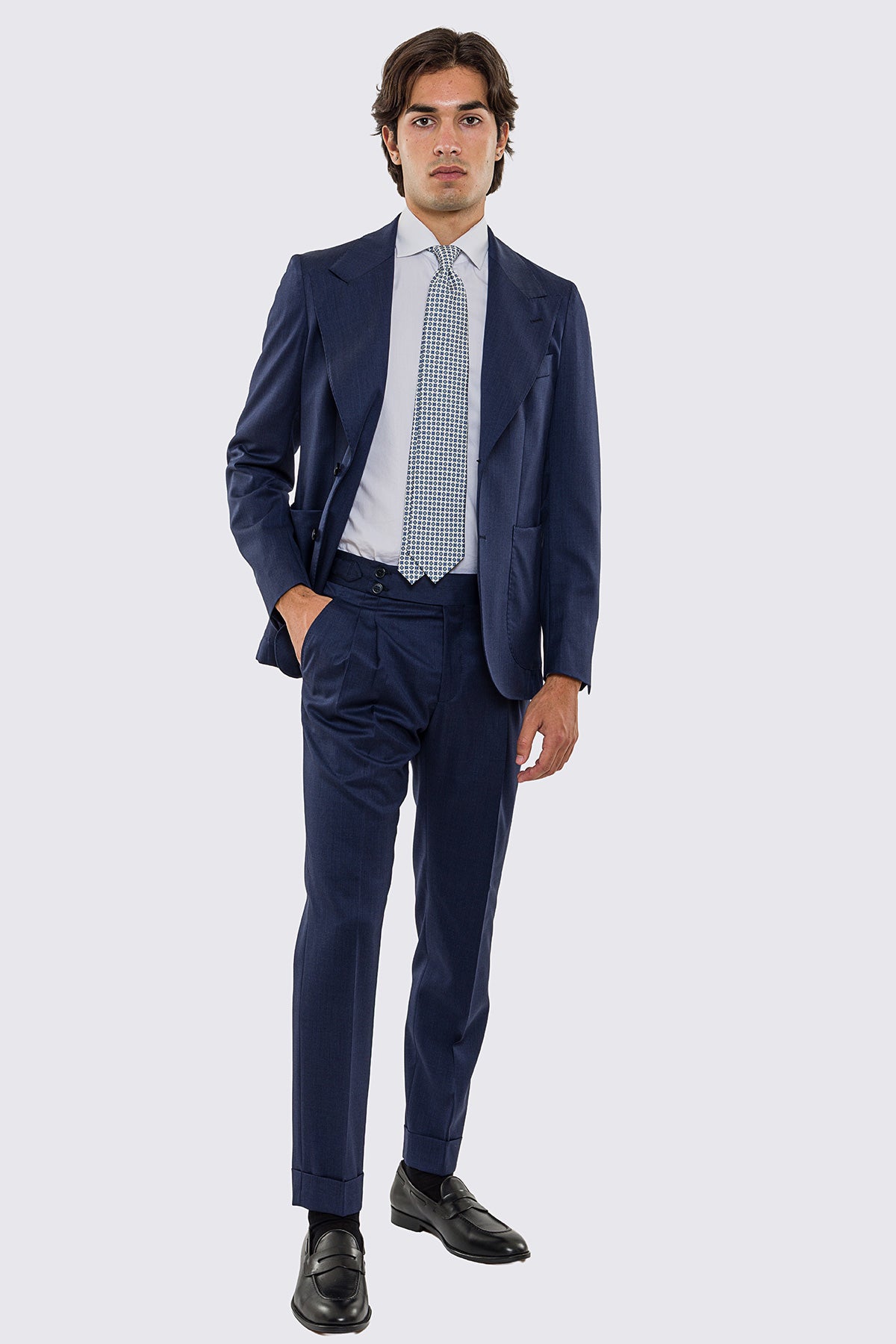Giacca uomo Monopetto blu denim fresco lana super 130's Vitale Barberis Canonico sfoderata Rever a lancia tasche a toppe