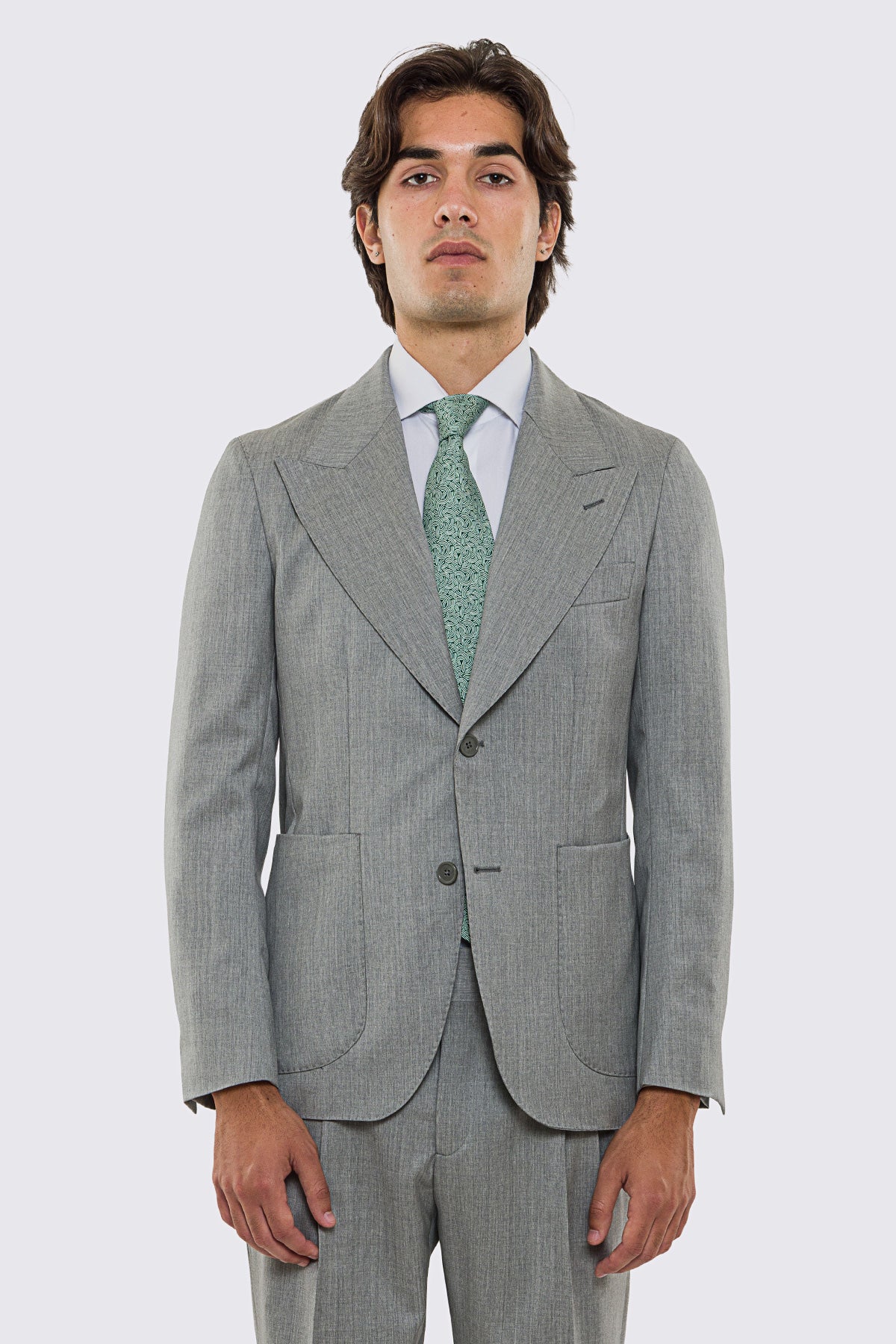 Giacca uomo Monopetto grigio chiaro in fresco lana super 130's Vitale Barberis Canonico sfoderata Rever a lancia tasche a toppe
