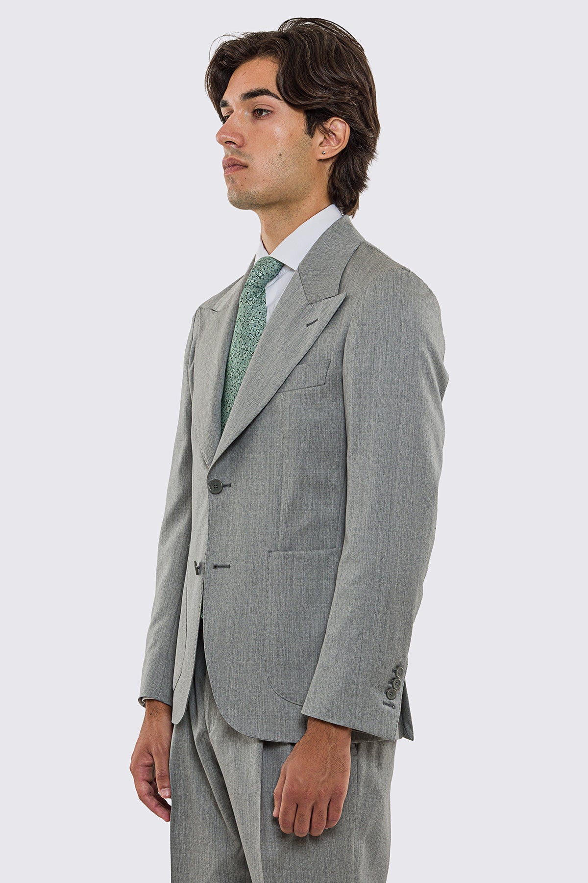 Giacca uomo Monopetto grigio chiaro in fresco lana super 130's Vitale Barberis Canonico sfoderata Rever a lancia tasche a toppe