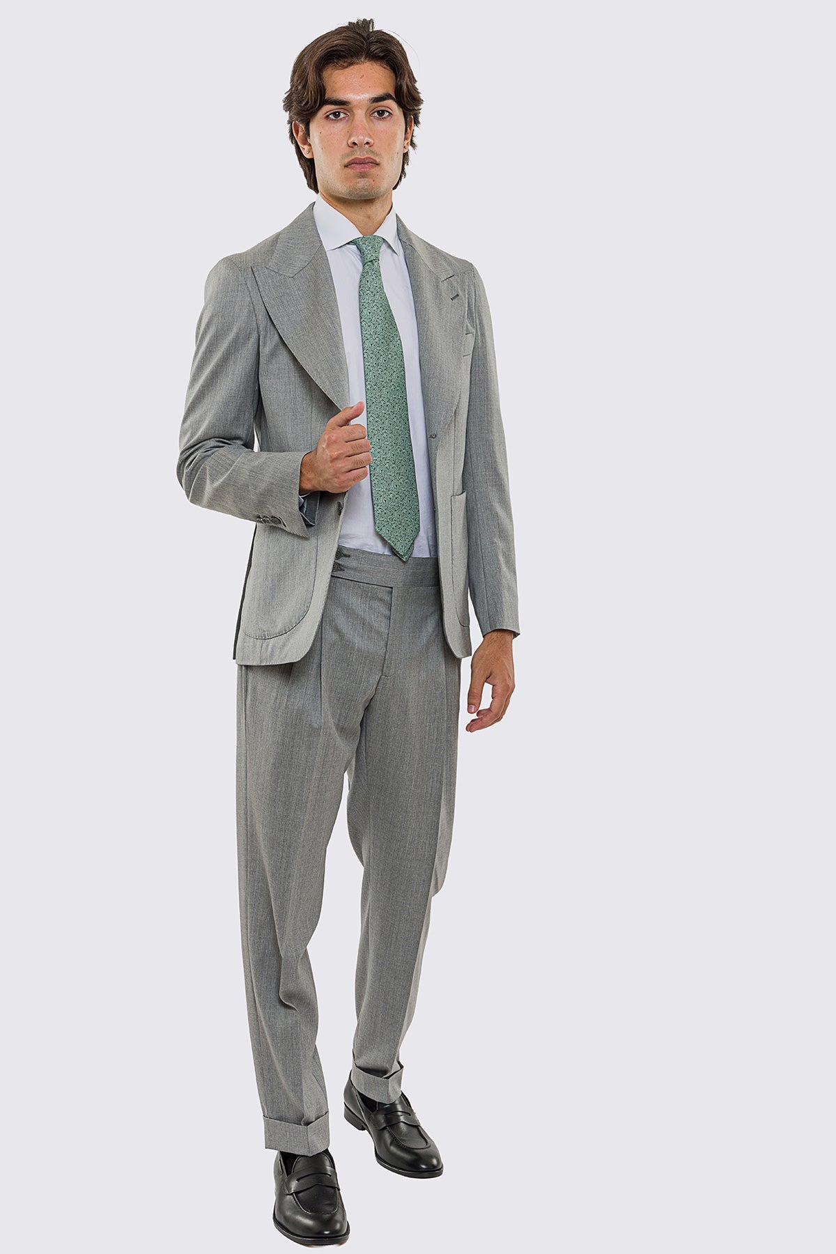 Abito uomo Monopetto grigio chiaro in fresco lana super 130's Vitale Barberis Canonico sfoderata Rever a lancia tasche a toppe