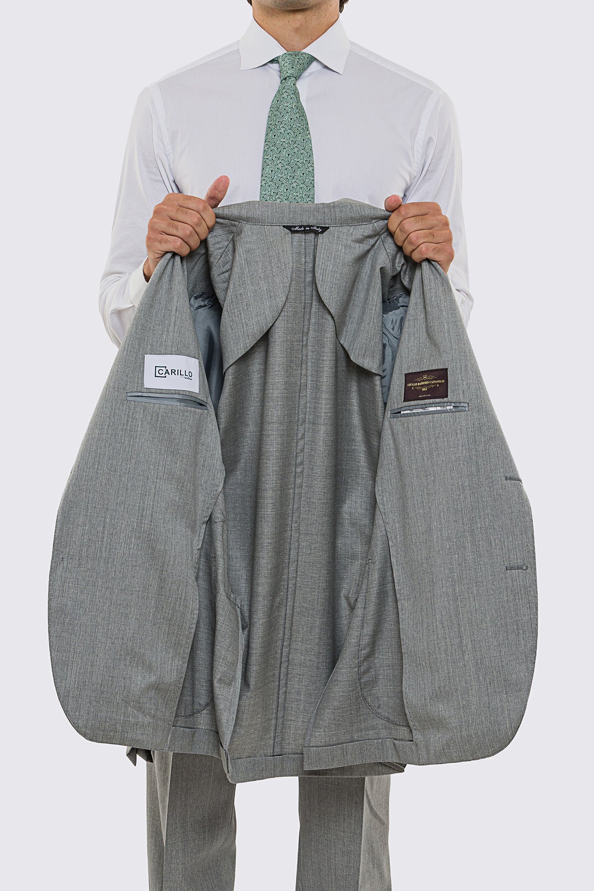 Giacca uomo Monopetto grigio chiaro in fresco lana super 130's Vitale Barberis Canonico sfoderata Rever a lancia tasche a toppe