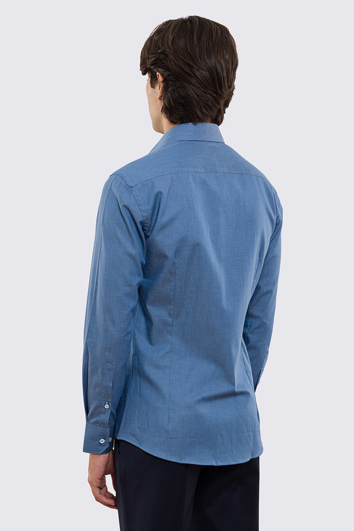 Camicia Uomo denim slim fit 100% cotone Collo semi francese polso smussato bottoni bianchi effetto madreperla