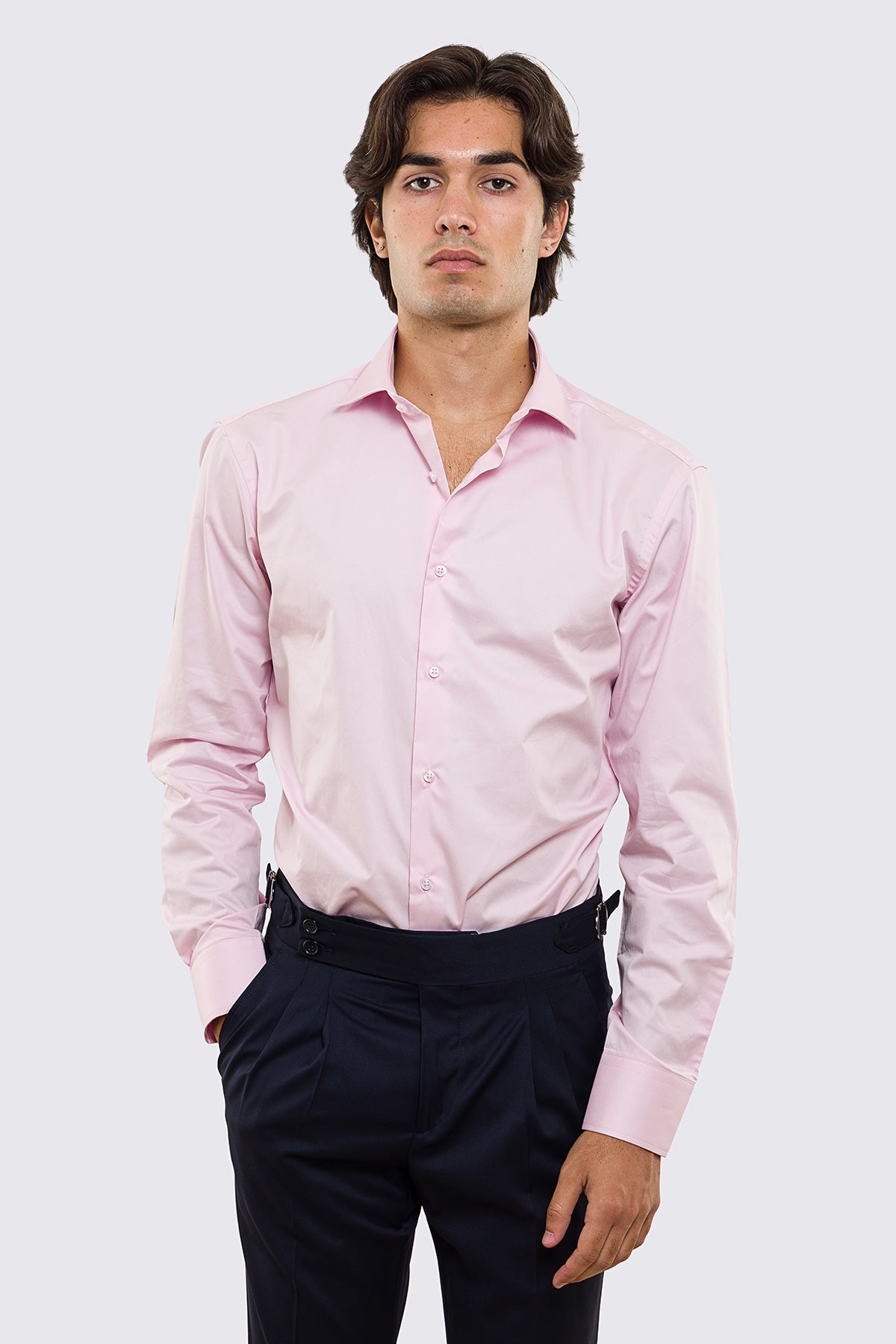 Camicia Uomo rosa slim fit in cotone 100% Collo semi francese tinta unita sartoriale