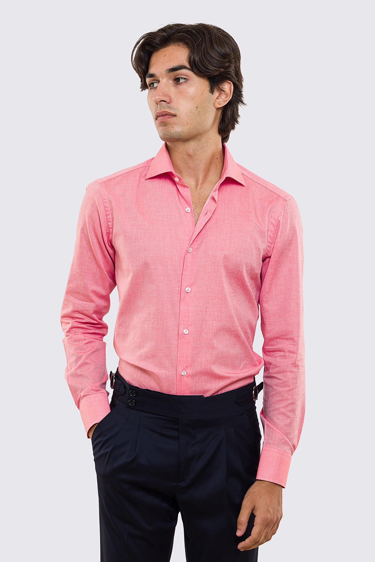 Camicia Uomo salmone effetto melange slim fit in cotone 100% Collo semi francese tinta unita sartoriale