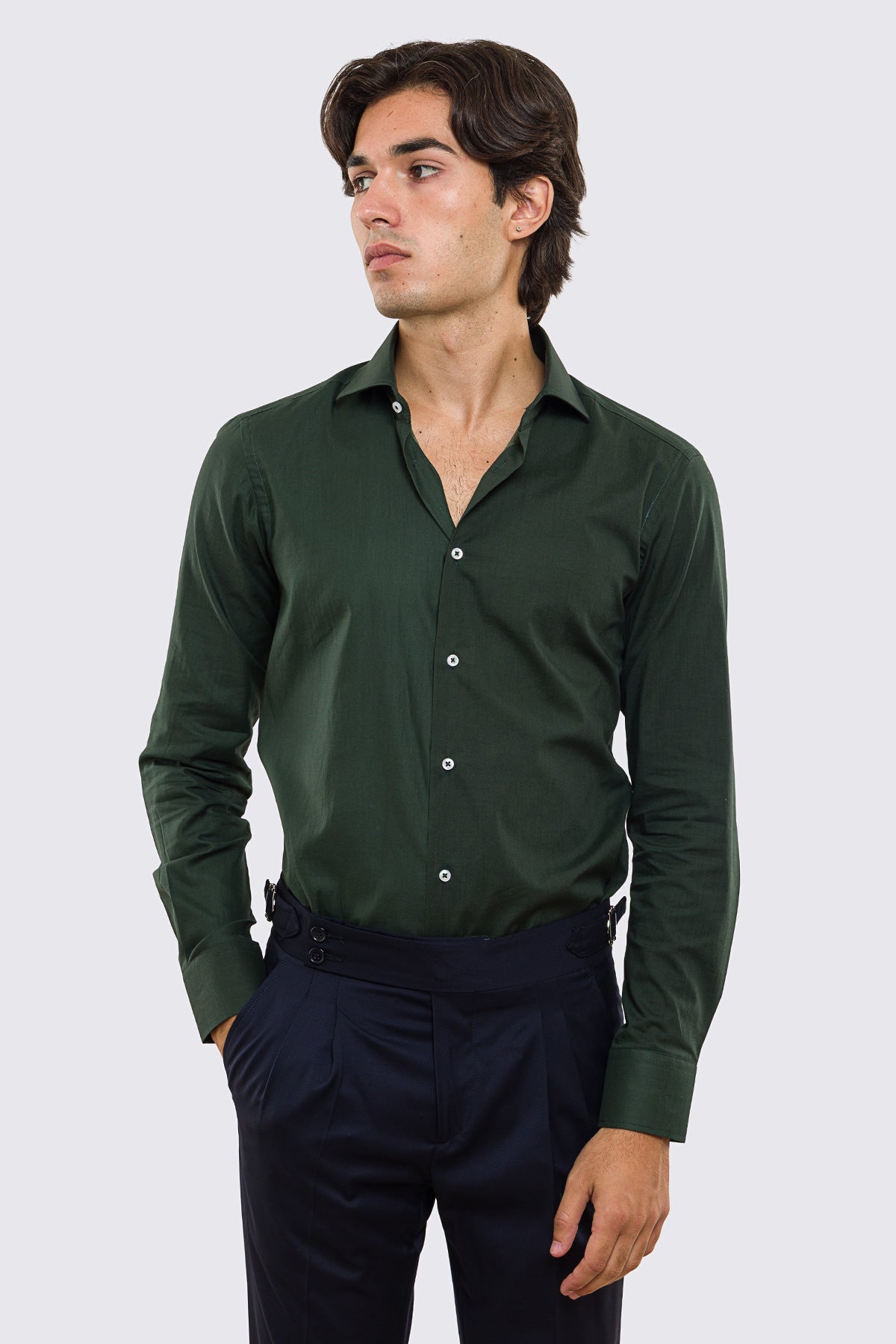 Camicia Uomo verde bottiglia slim fit in cotone 100% Collo semi francese tinta unita sartoriale