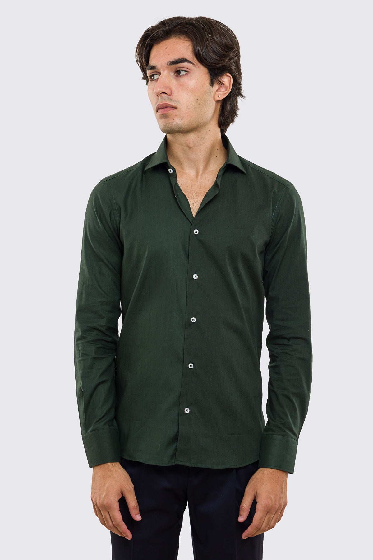 Camicia Uomo verde bottiglia slim fit in cotone 100% Collo semi francese tinta unita sartoriale