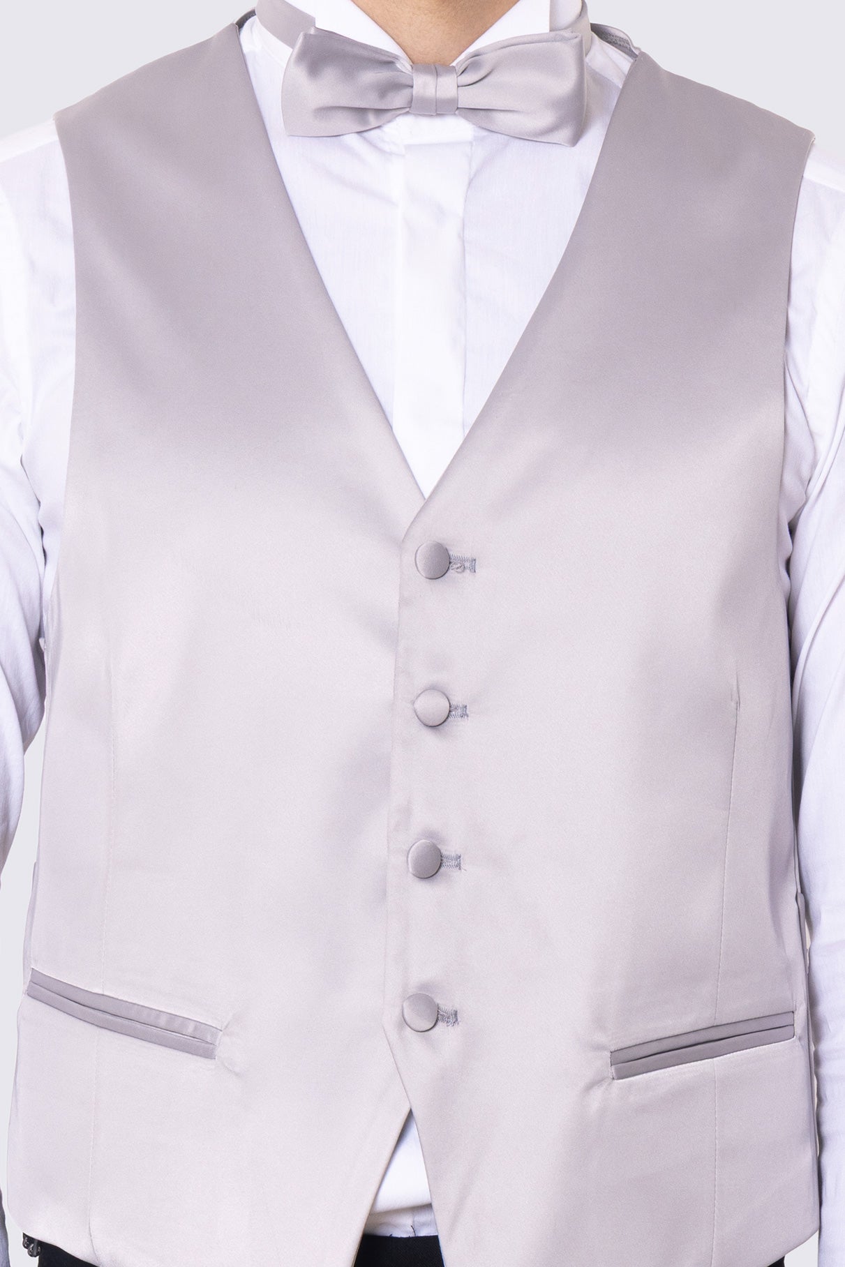 Gilet monopetto grigio in raso da uomo regular fit con tasche a filo e gancio di regolazione sul retro