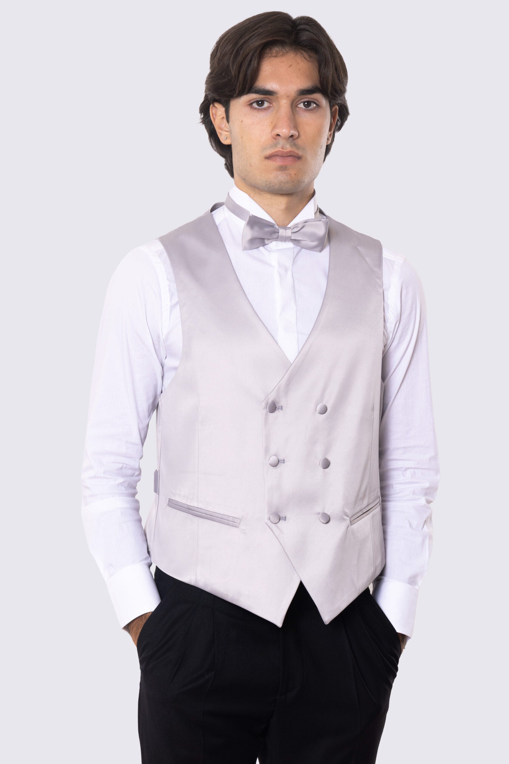 Gilet doppiopetto grigio in raso da uomo regular fit con tasche a filo e gancio di regolazione sul retro