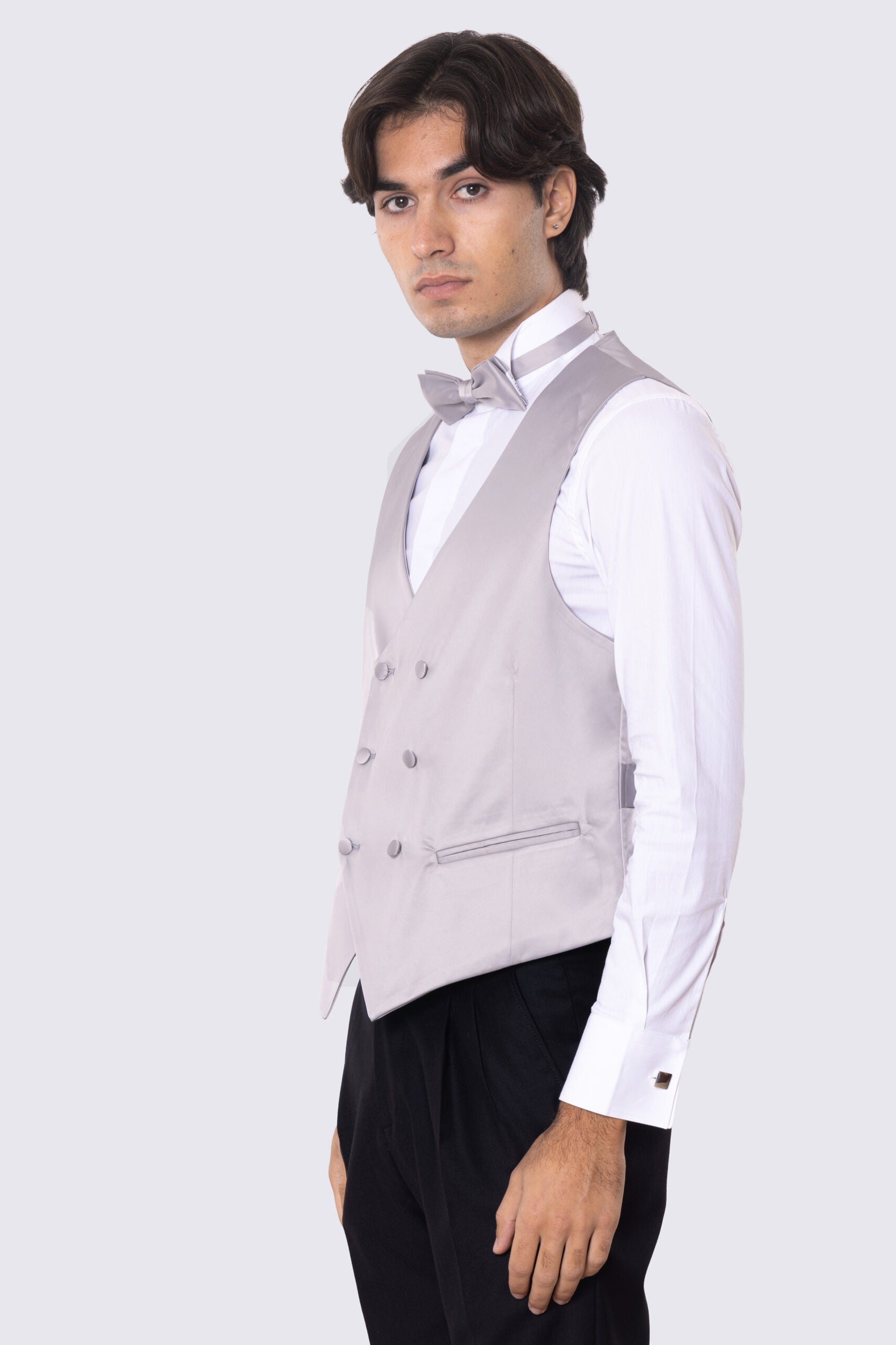 Gilet doppiopetto grigio in raso da uomo regular fit con tasche a filo e gancio di regolazione sul retro