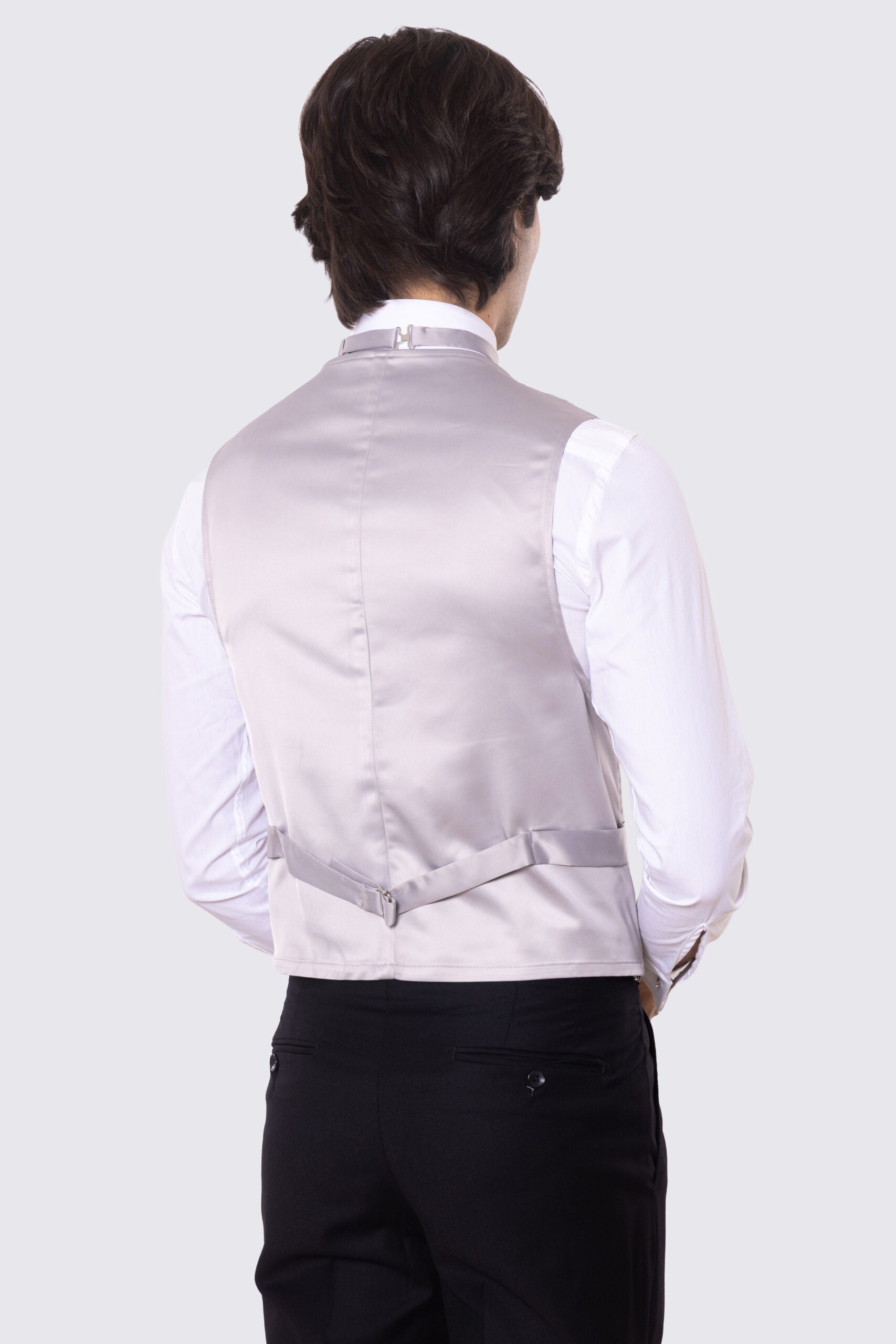 Gilet doppiopetto grigio in raso da uomo regular fit con tasche a filo e gancio di regolazione sul retro