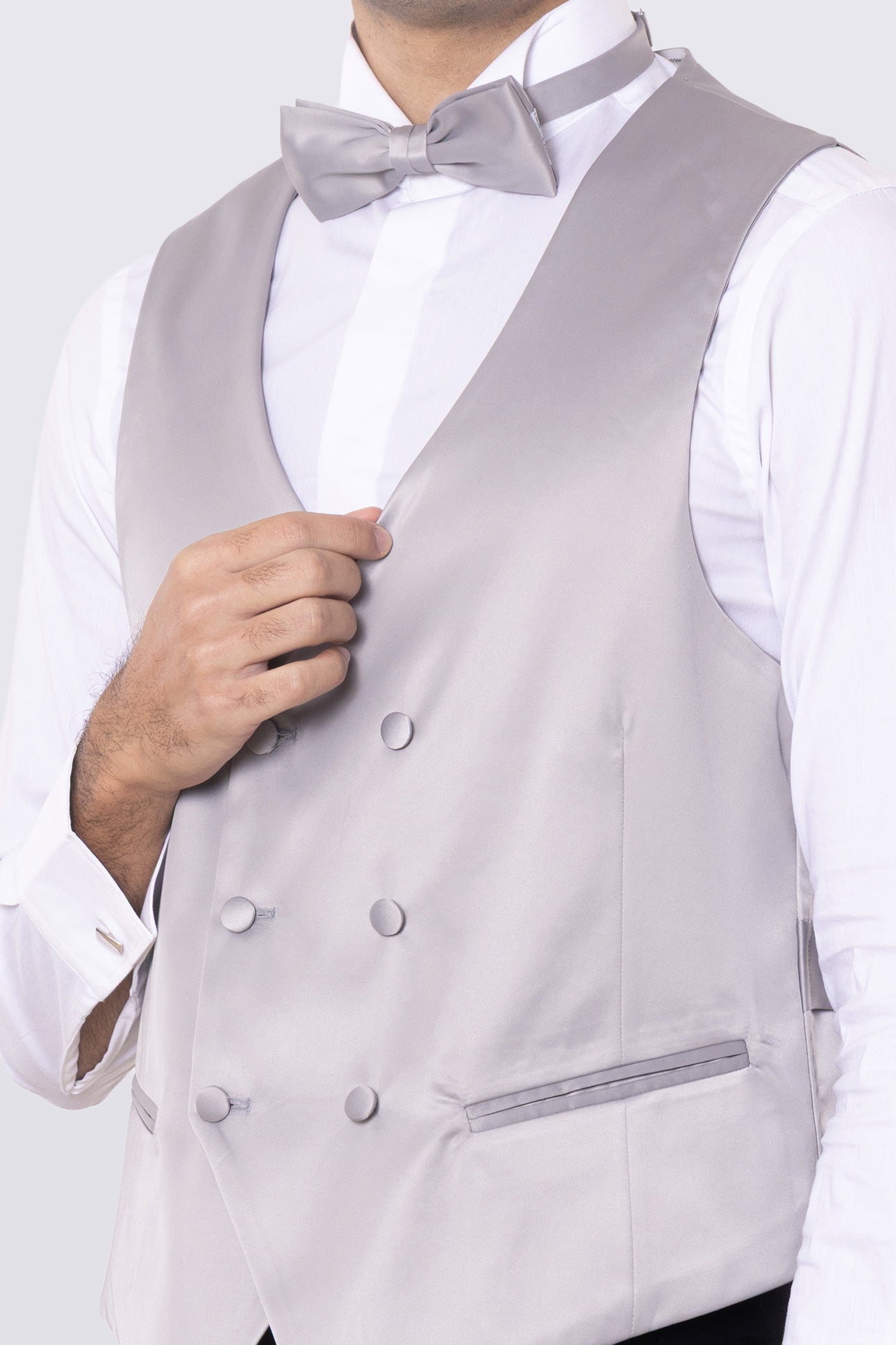 Gilet doppiopetto grigio in raso da uomo regular fit con tasche a filo e gancio di regolazione sul retro