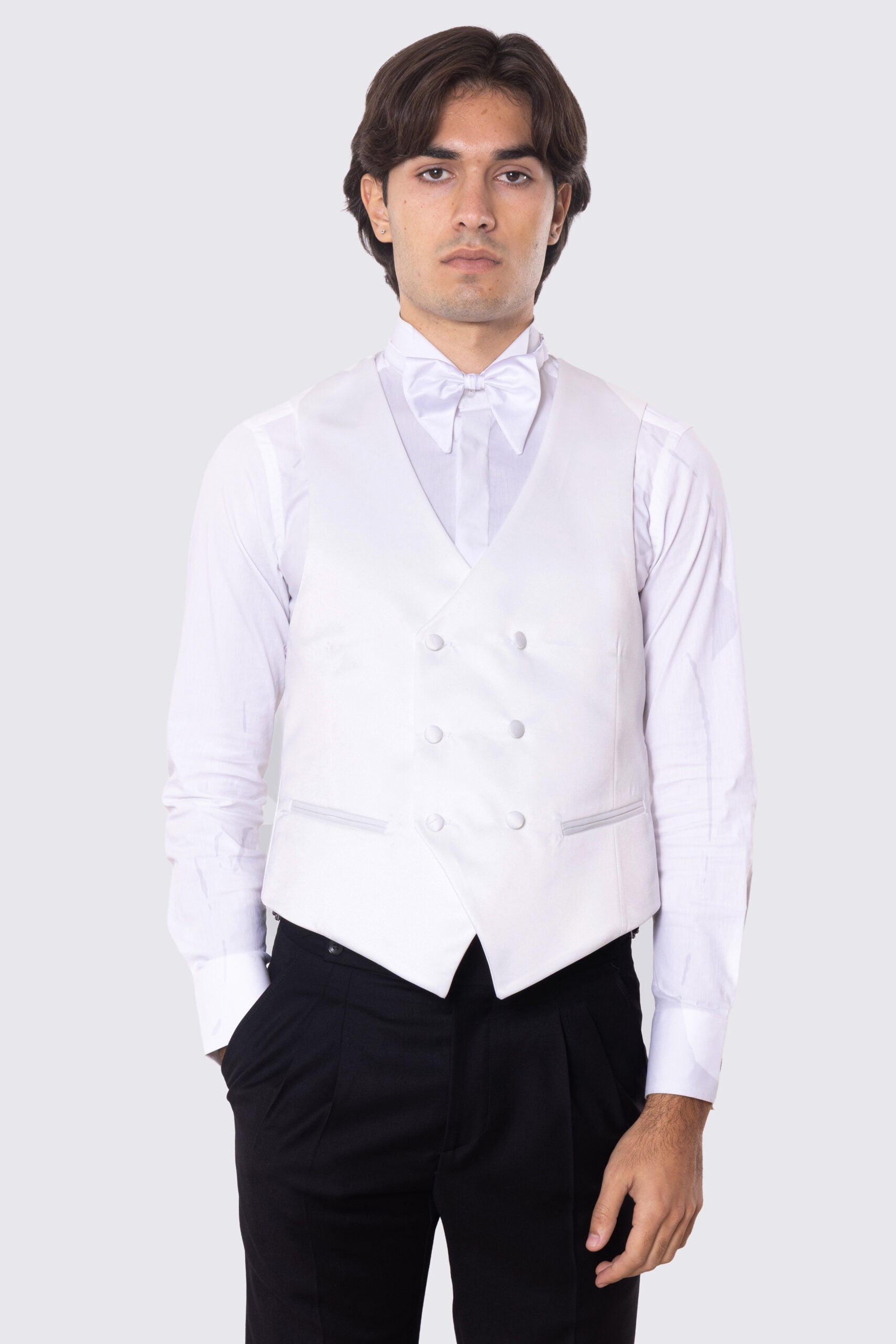 Gilet doppiopetto bianco in raso da uomo regular fit con tasche a filo e gancio di regolazione sul retro