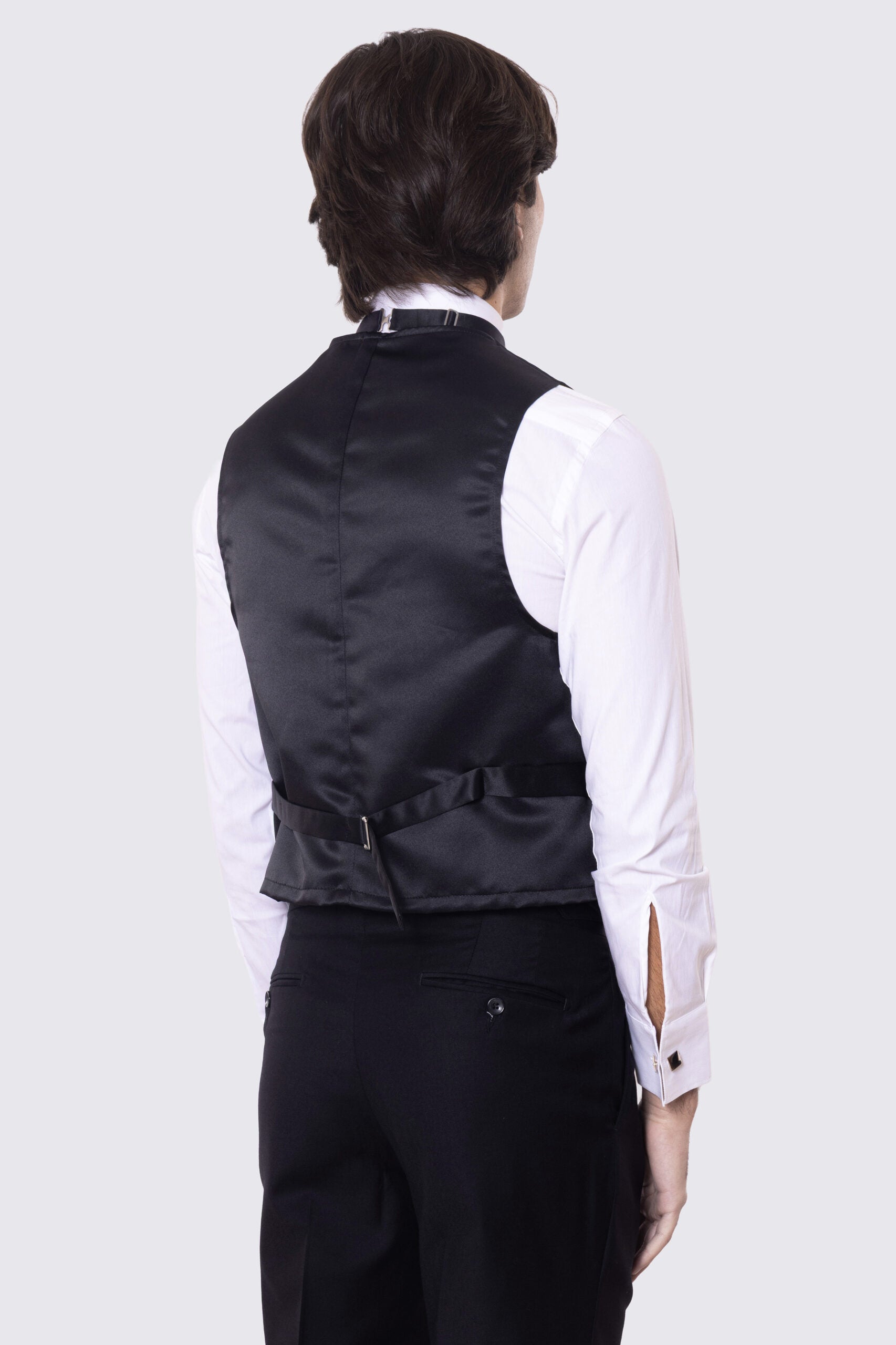 Gilet doppiopetto nero in raso da uomo regular fit con tasche a filo e gancio di regolazione sul retro
