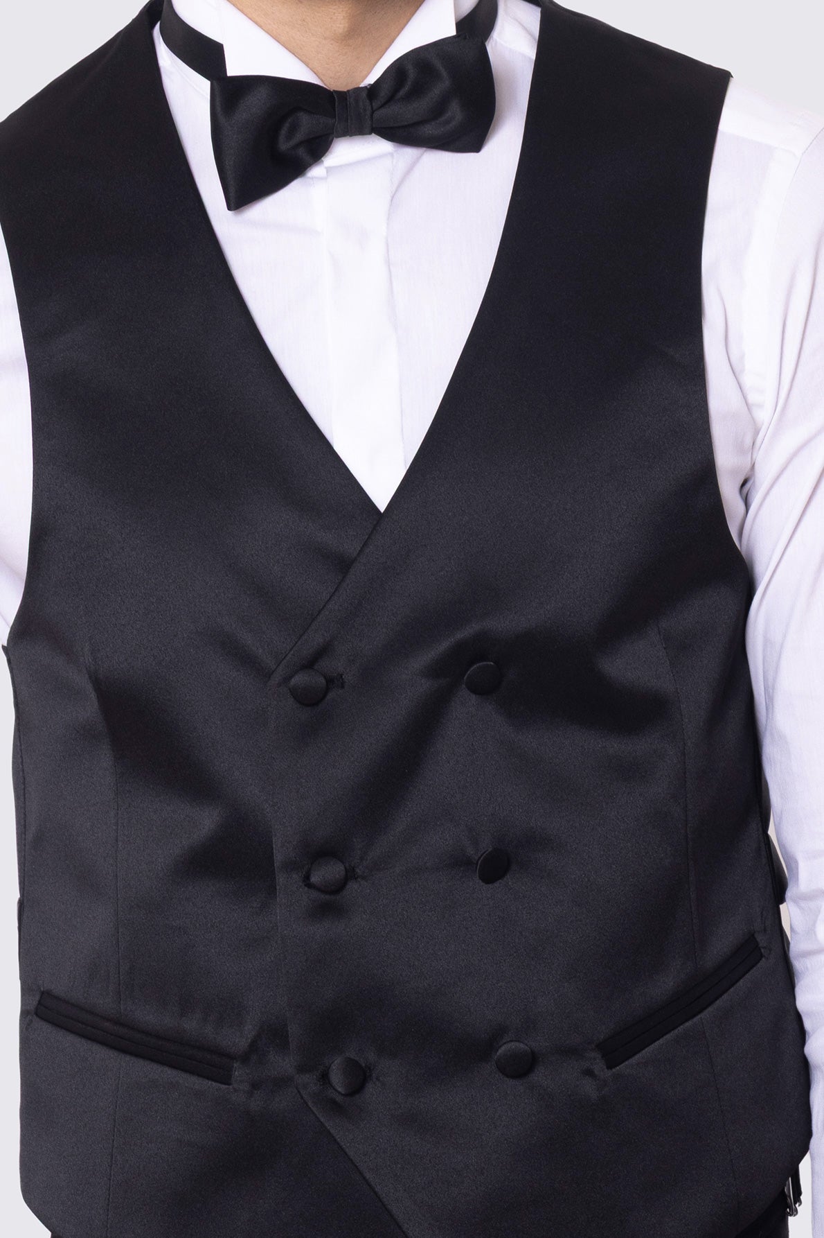 Gilet doppiopetto nero in raso da uomo regular fit con tasche a filo e gancio di regolazione sul retro