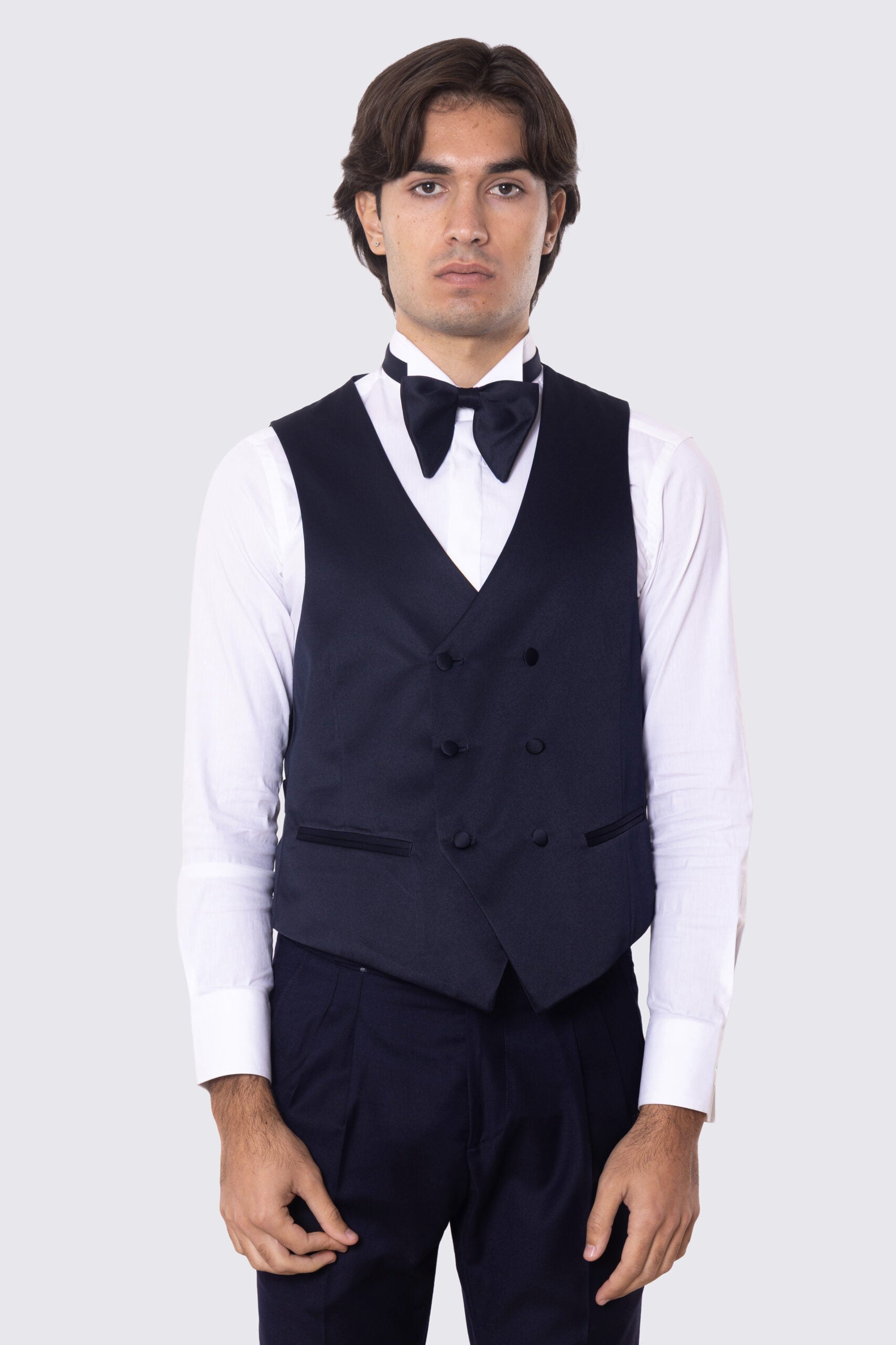 Gilet doppiopetto blu in raso da uomo regular fit con tasche a filo e gancio di regolazione sul retro