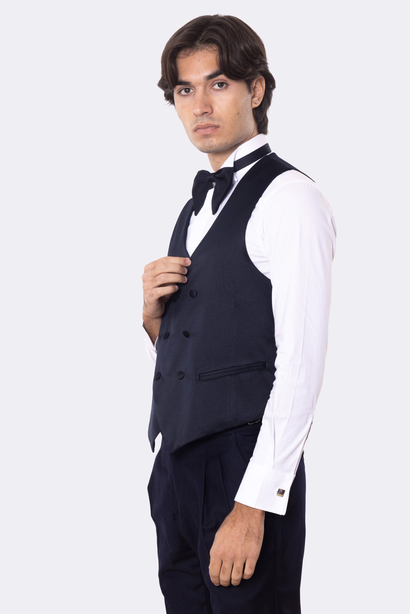 Gilet doppiopetto blu in raso da uomo regular fit con tasche a filo e gancio di regolazione sul retro