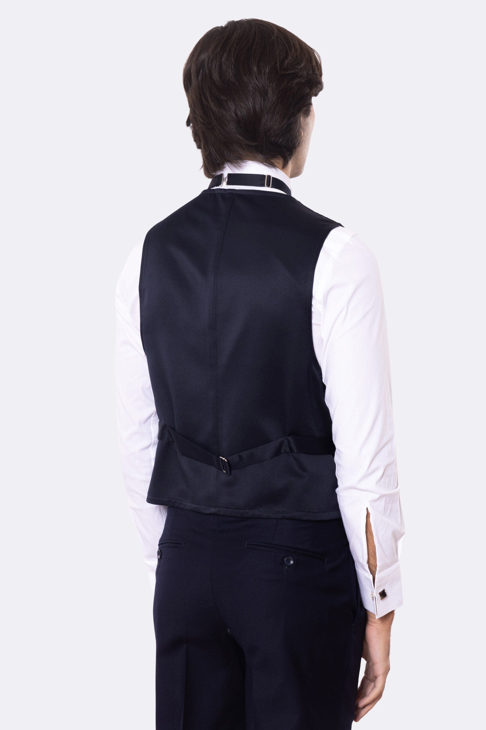 Gilet doppiopetto blu in raso da uomo regular fit con tasche a filo e gancio di regolazione sul retro