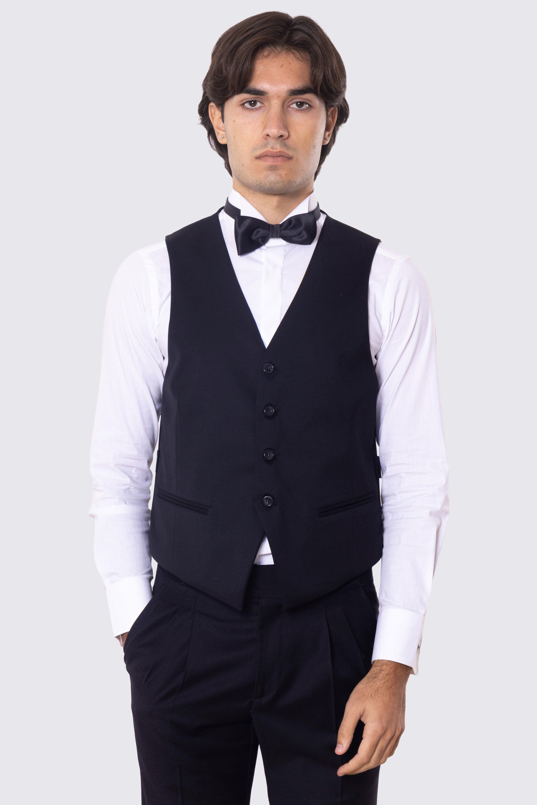 Gilet uomo monopetto nero da cerimonia in fresco lana super 130's Vitale Barberis Canonico regular fit con tasche a filo e gancio regolatore sul retro