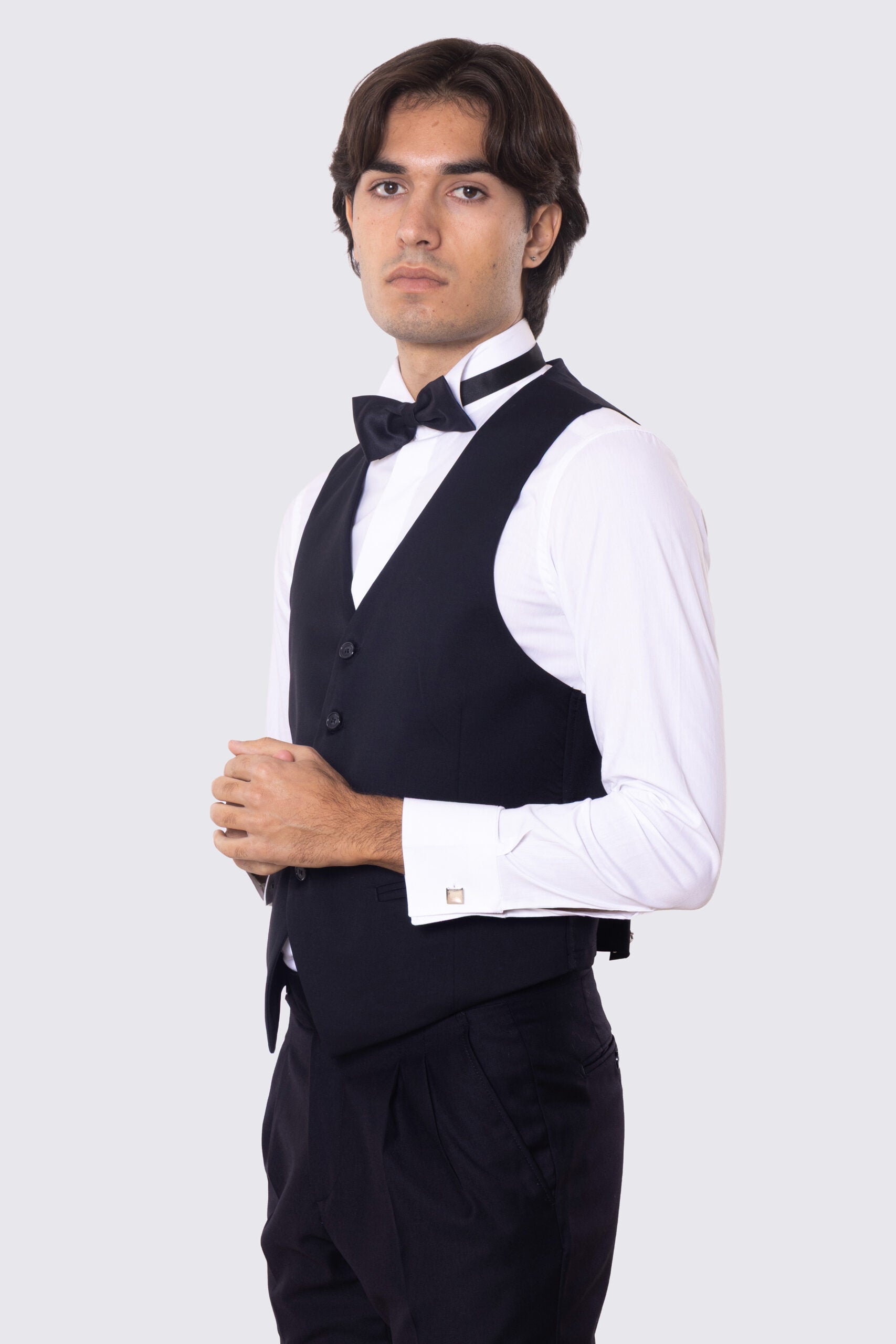 Gilet uomo monopetto nero da cerimonia in fresco lana super 130's Vitale Barberis Canonico regular fit con tasche a filo e gancio regolatore sul retro