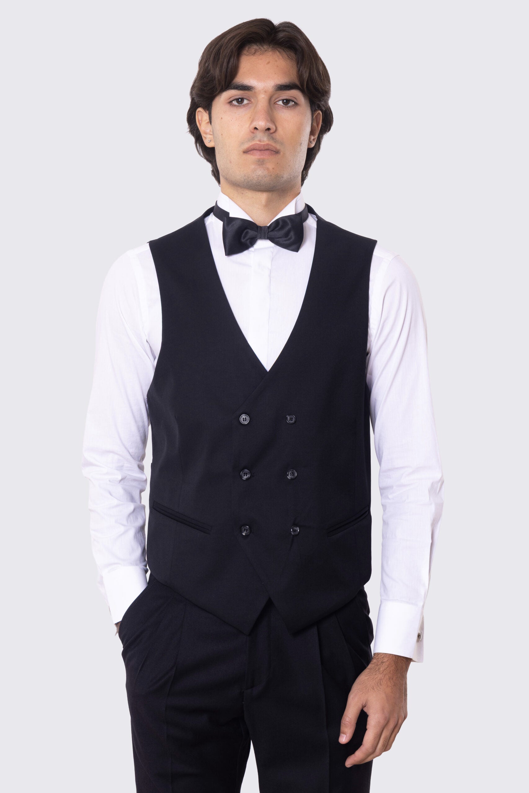 Gilet uomo Doppiopetto nero da cerimonia in fresco lana super 130's Vitale Barberis Canonico regular fit con tasche a filo e gancio regolatore sul retro