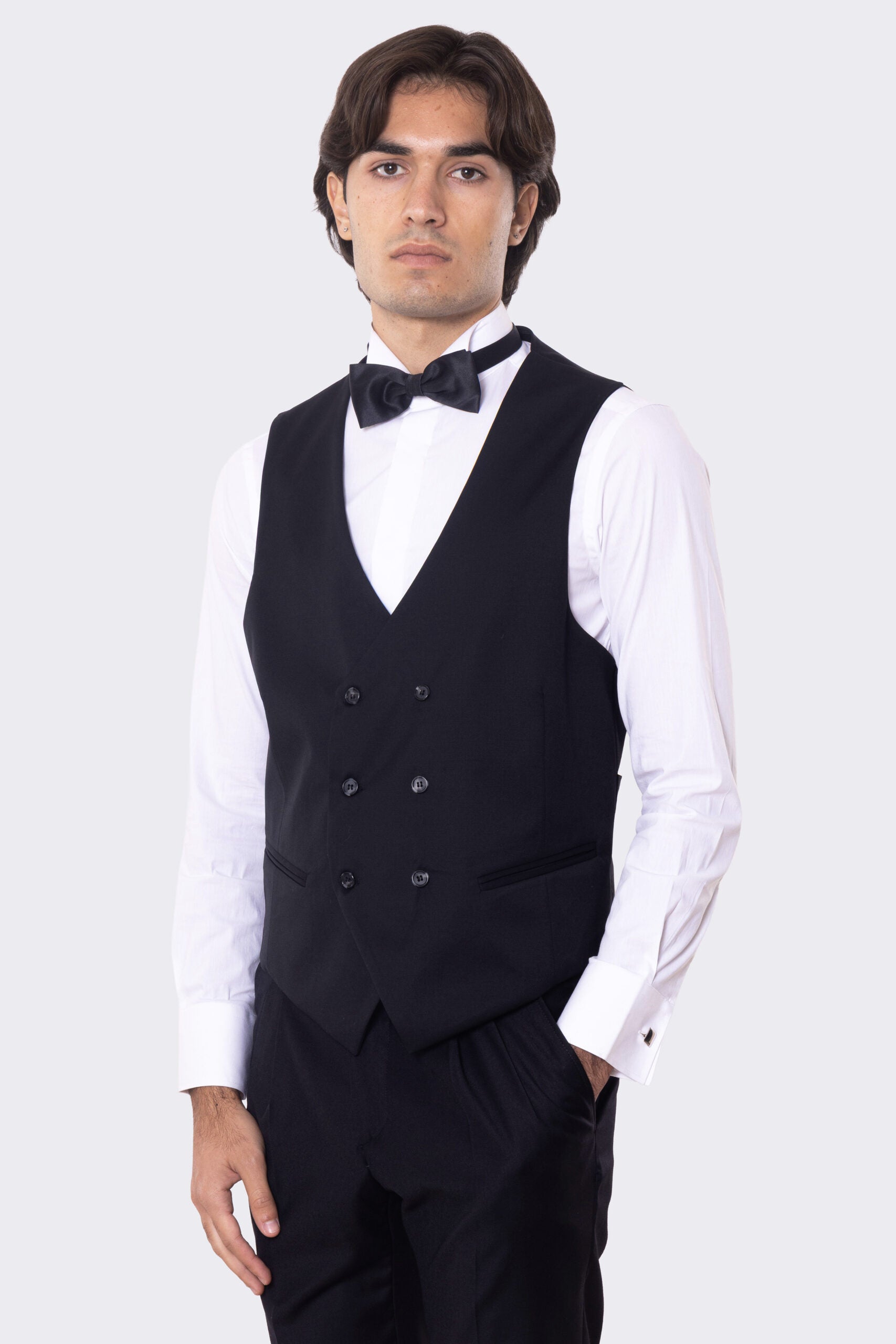 Gilet uomo Doppiopetto nero da cerimonia in fresco lana super 130's Vitale Barberis Canonico regular fit con tasche a filo e gancio regolatore sul retro