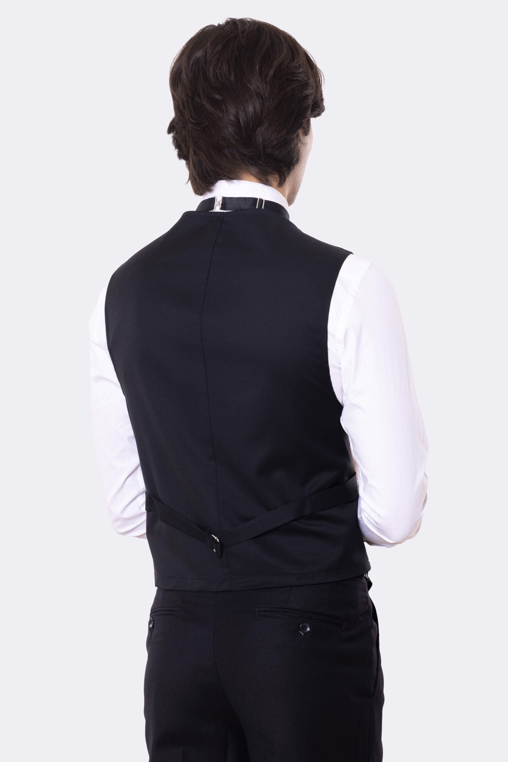 Gilet uomo Doppiopetto nero da cerimonia in fresco lana super 130's Vitale Barberis Canonico regular fit con tasche a filo e gancio regolatore sul retro