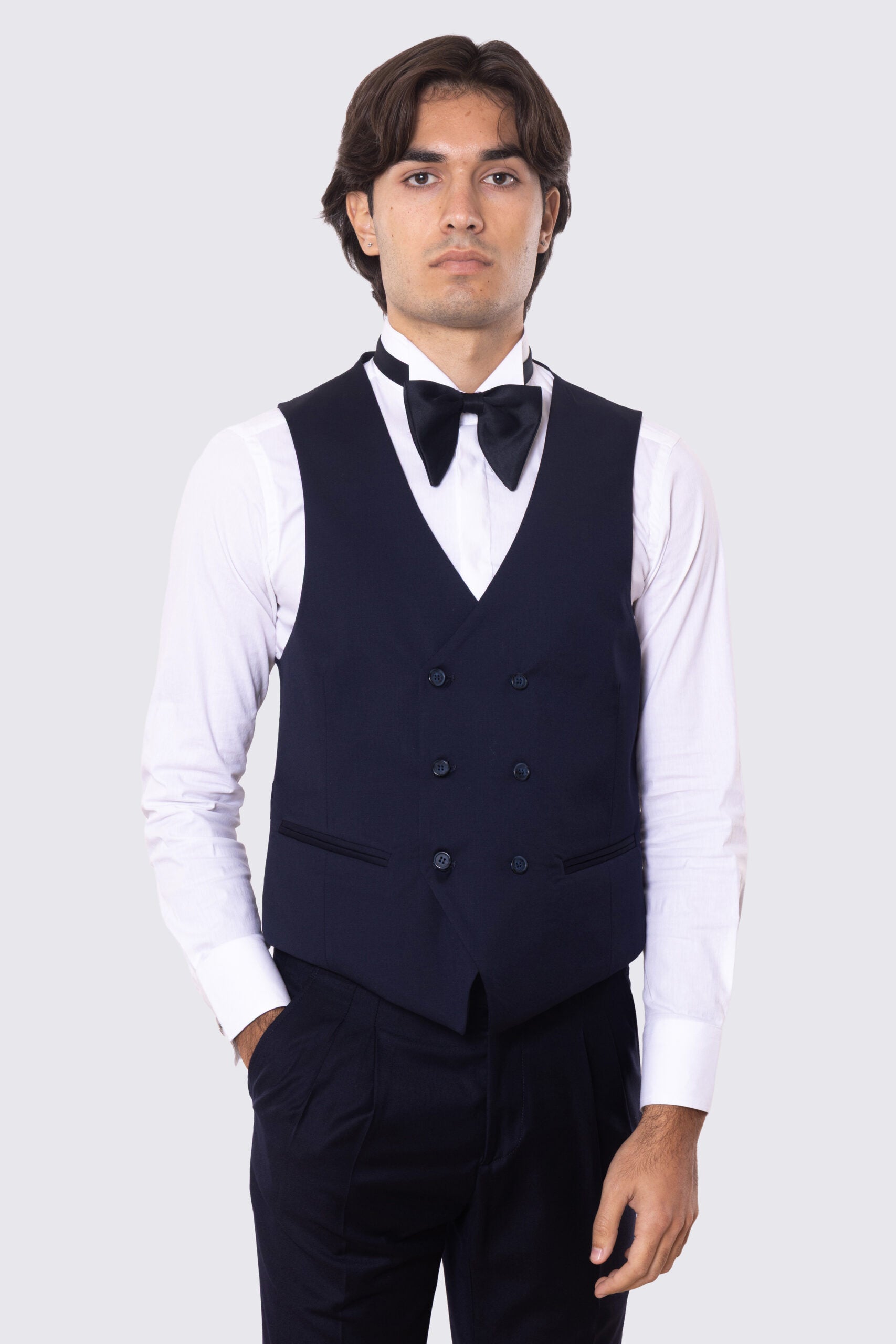 Gilet uomo doppiopetto blu da cerimonia in fresco lana super 130's Vitale Barberis Canonico regular fit con tasche a filo e gancio regolatore sul retro