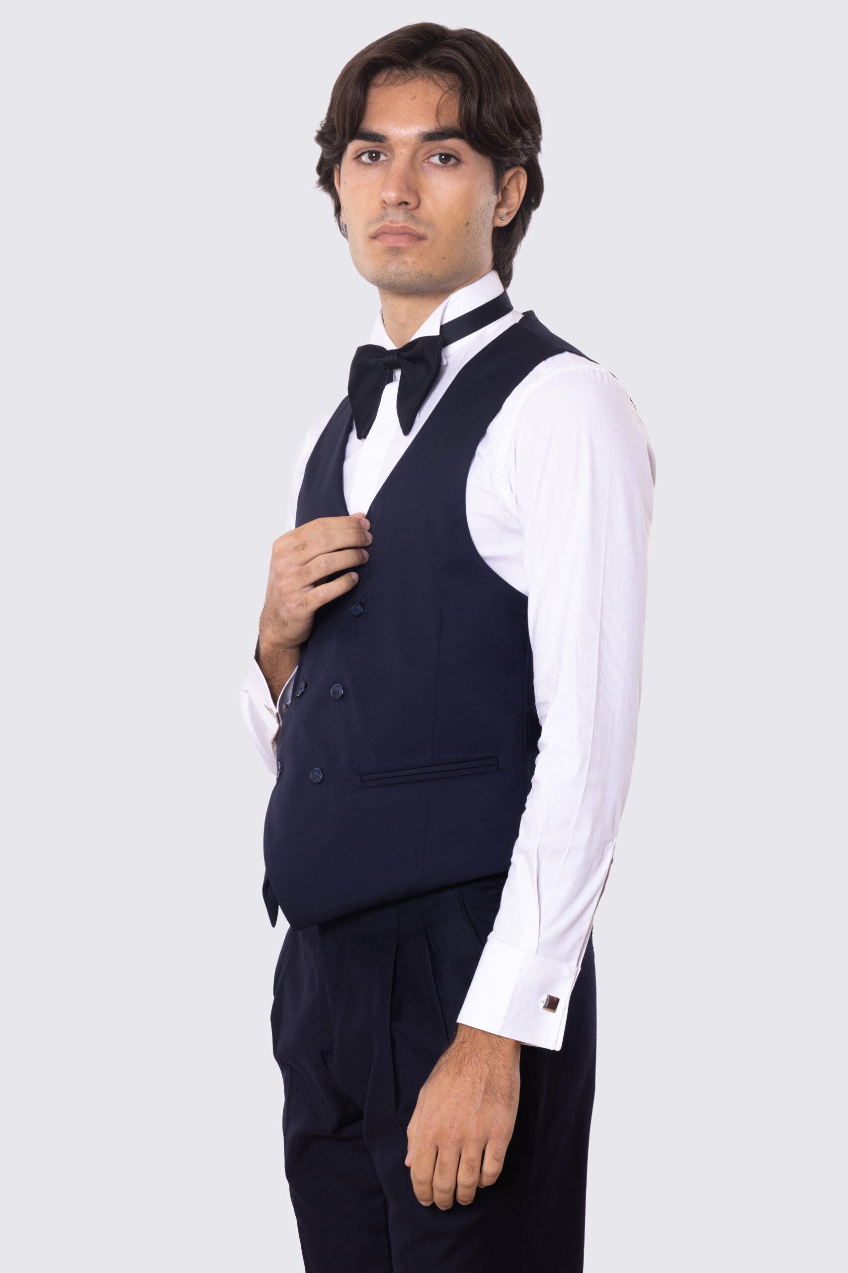 Gilet uomo doppiopetto blu da cerimonia in fresco lana super 130's Vitale Barberis Canonico regular fit con tasche a filo e gancio regolatore sul retro