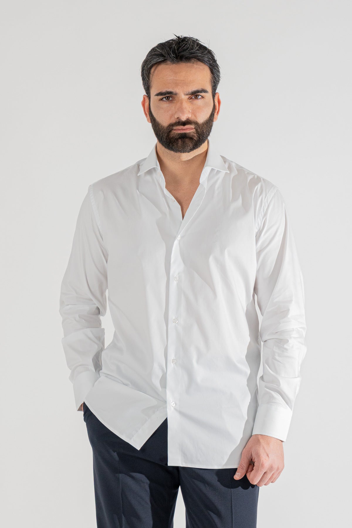 Camicia Uomo Bianca regular fit in cotone 100% Collo semi francese tinta unita sartoriale