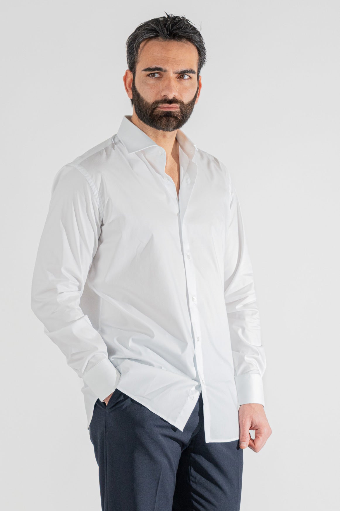 Camicia Uomo Bianca regular fit in cotone 100% Collo semi francese tinta unita sartoriale