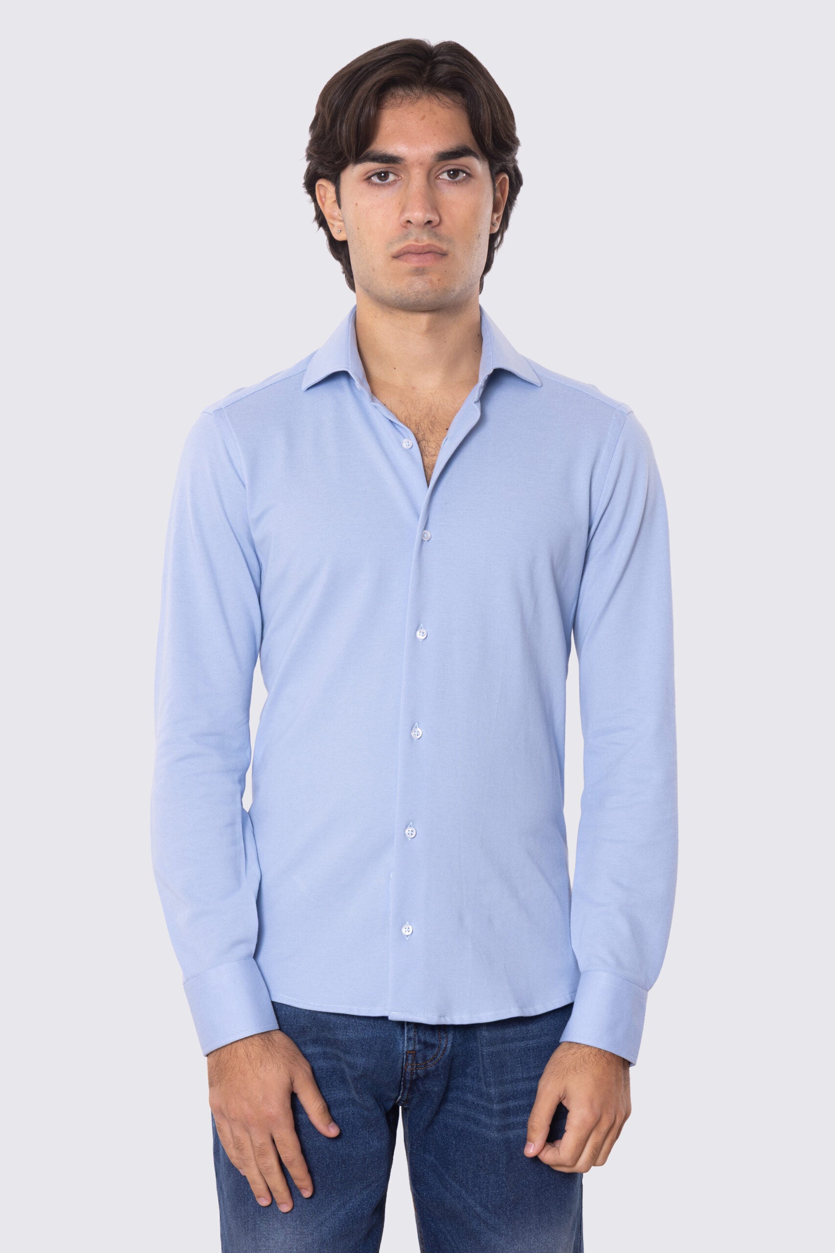 Camicia Uomo Celeste in piquet slim fit cotone 100% Collo semi francese tinta unita sartoriale.