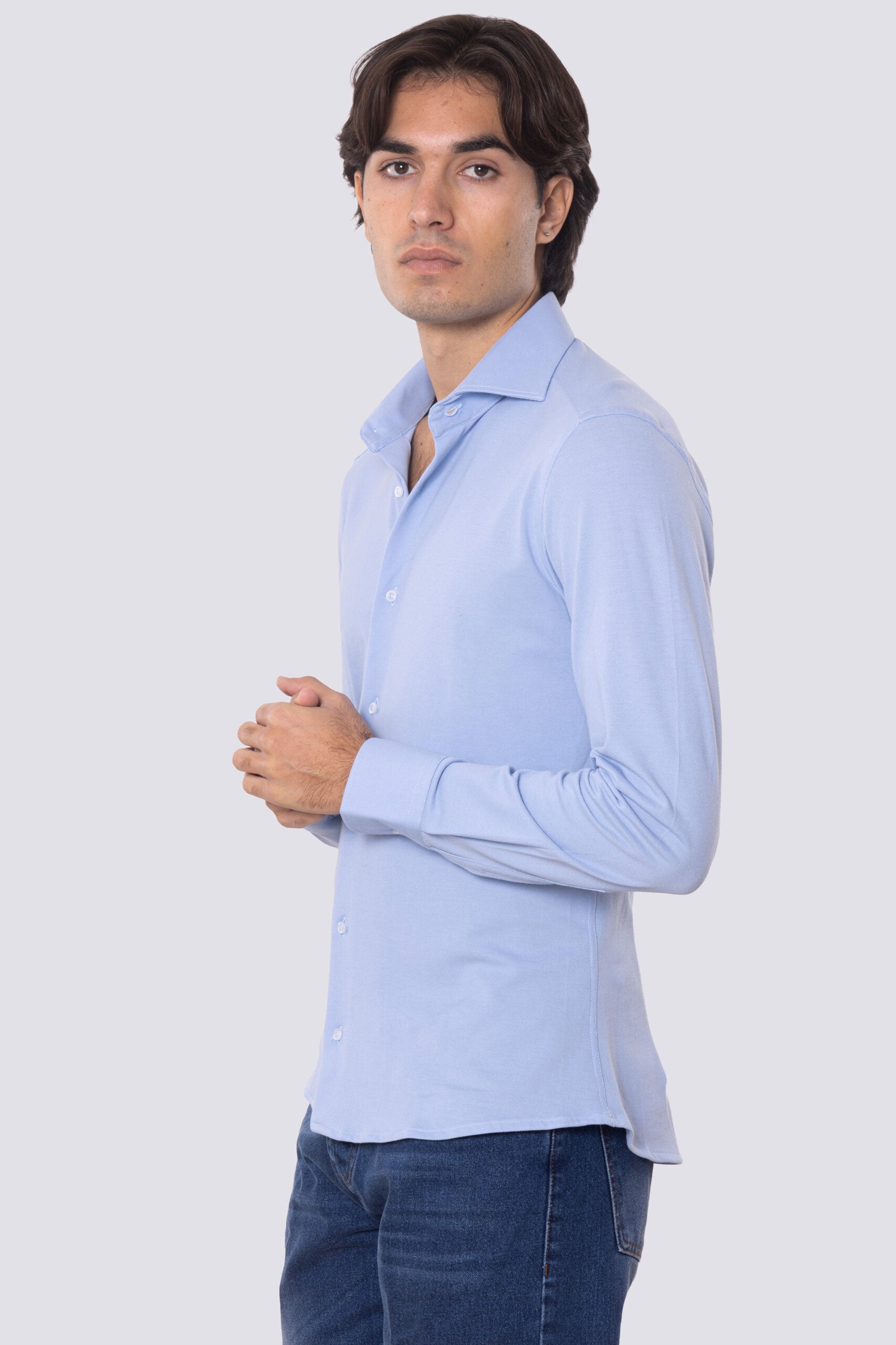 Camicia Uomo Celeste in piquet slim fit cotone 100% Collo semi francese tinta unita sartoriale.