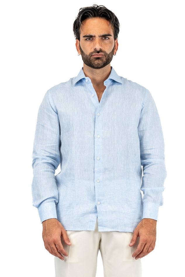 Camicia Celeste in Lino 100% made in italy da uomo collo semi francese morbido Regular fit effetto melange mileta tessuti