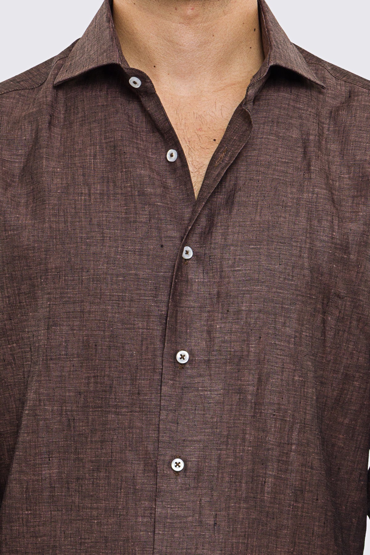 Camicia Marrone in Lino 100% made in italy da uomo collo semi francese morbido Regular fit effetto melange mileta tessuti