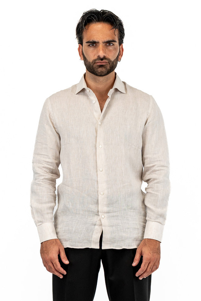 Camicia beige in Lino 100% made in italy da uomo collo semi francese morbido Regular fit effetto melange mileta tessuti